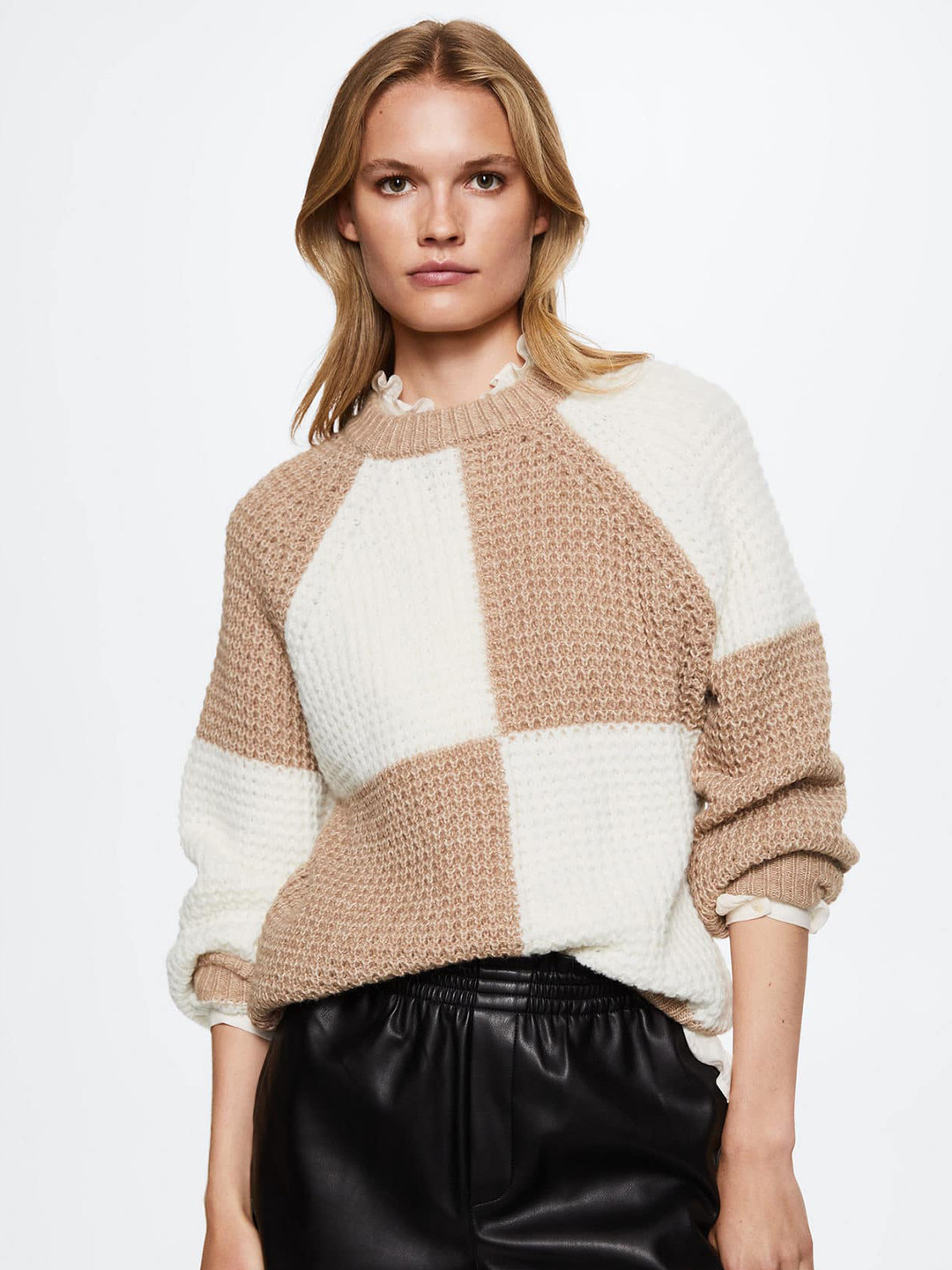 

MANGO Women Brown & White Sustainable Checked Pullover