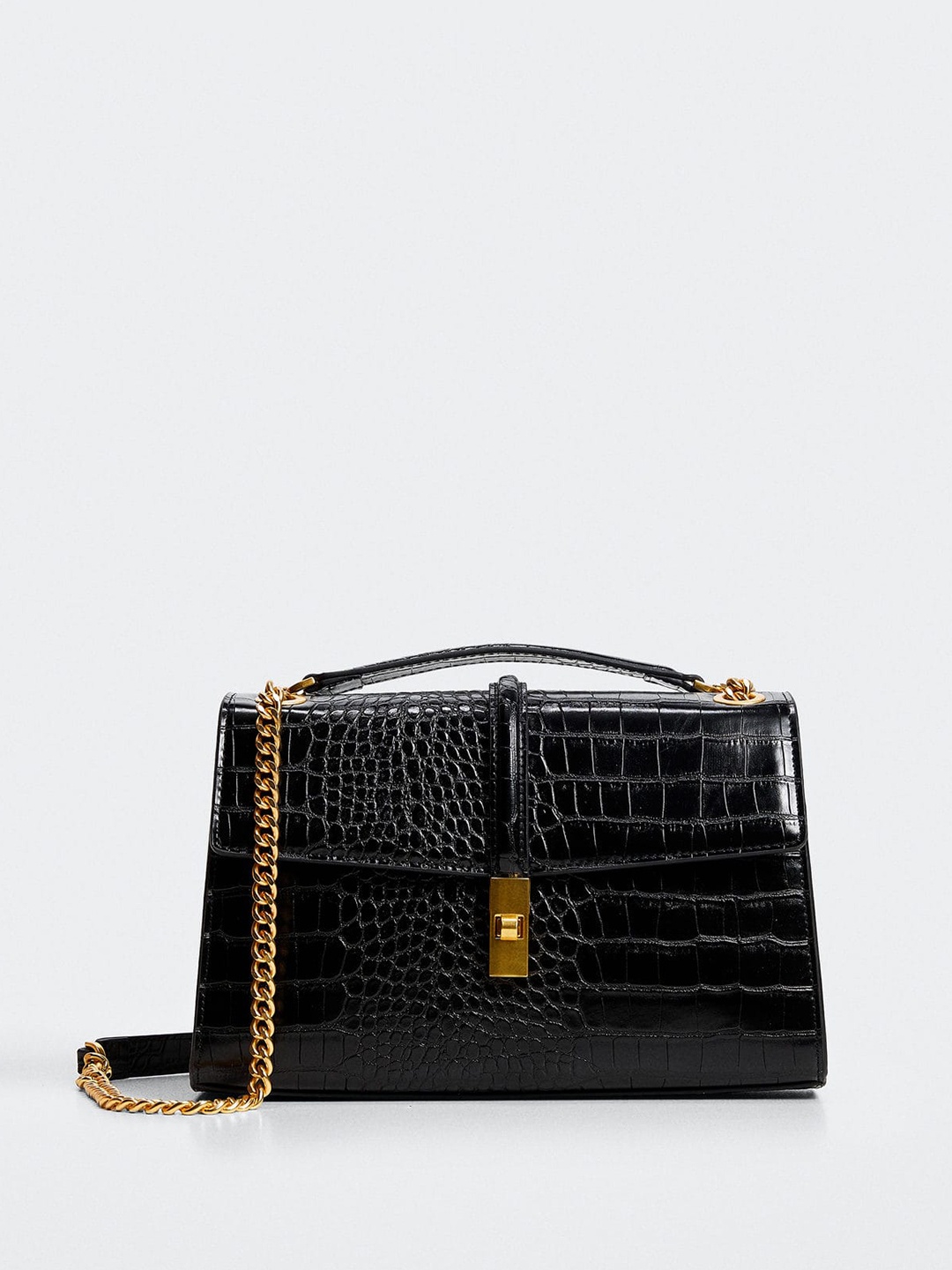 

MANGO Black Croc Textured Structured Shoulder Bag