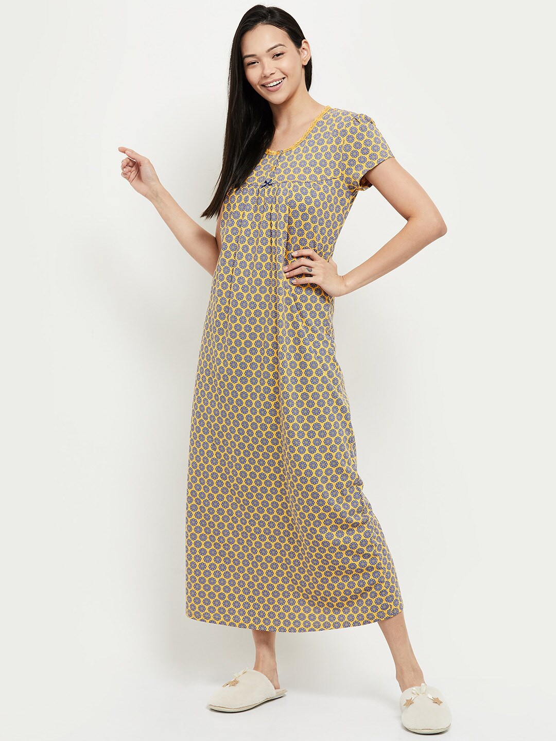 

max Printed Short Sleeves Maxi Pure Cotton Nightdress, Mustard