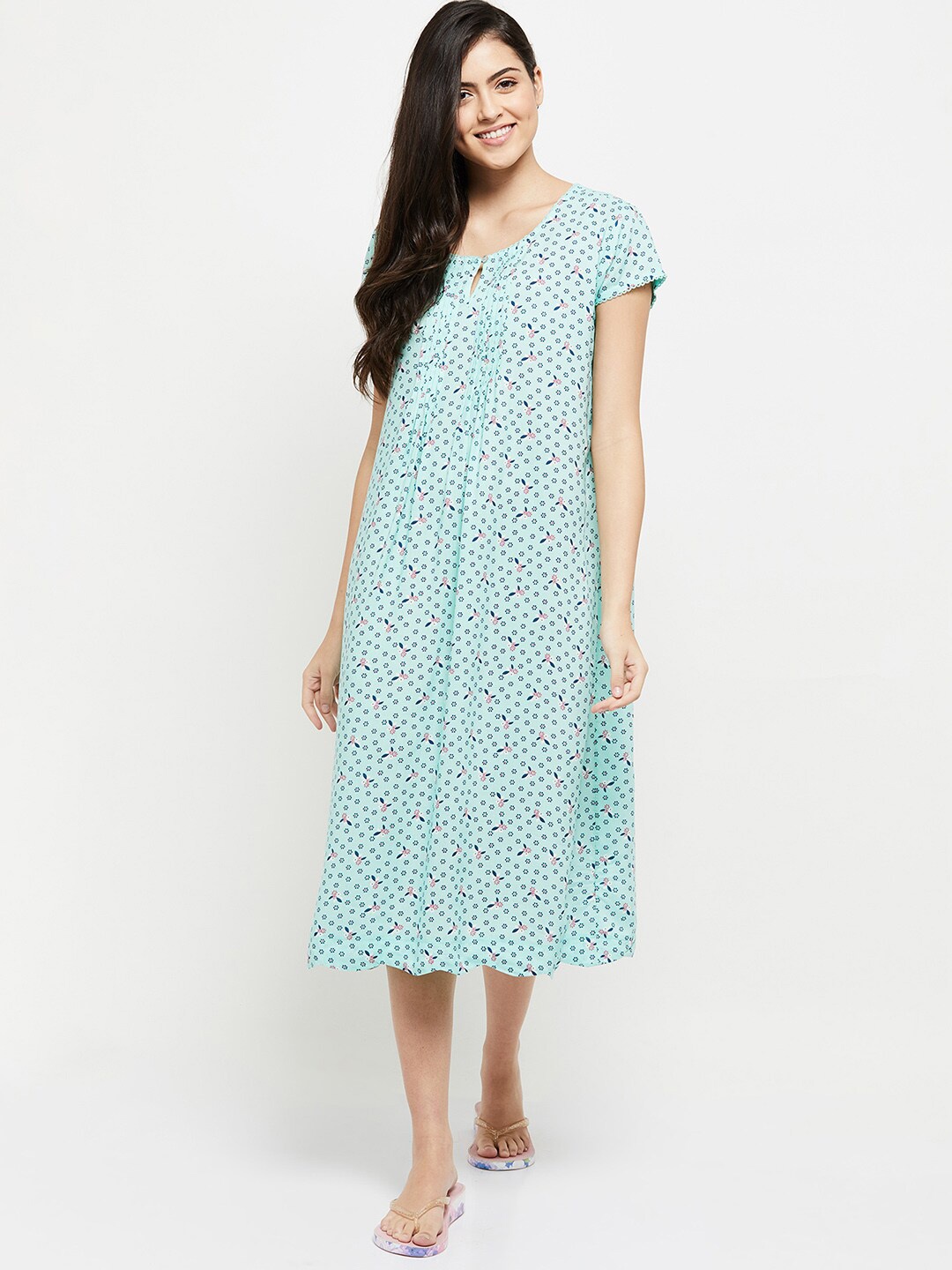 

max Green Printed Short Sleeves Nightdress