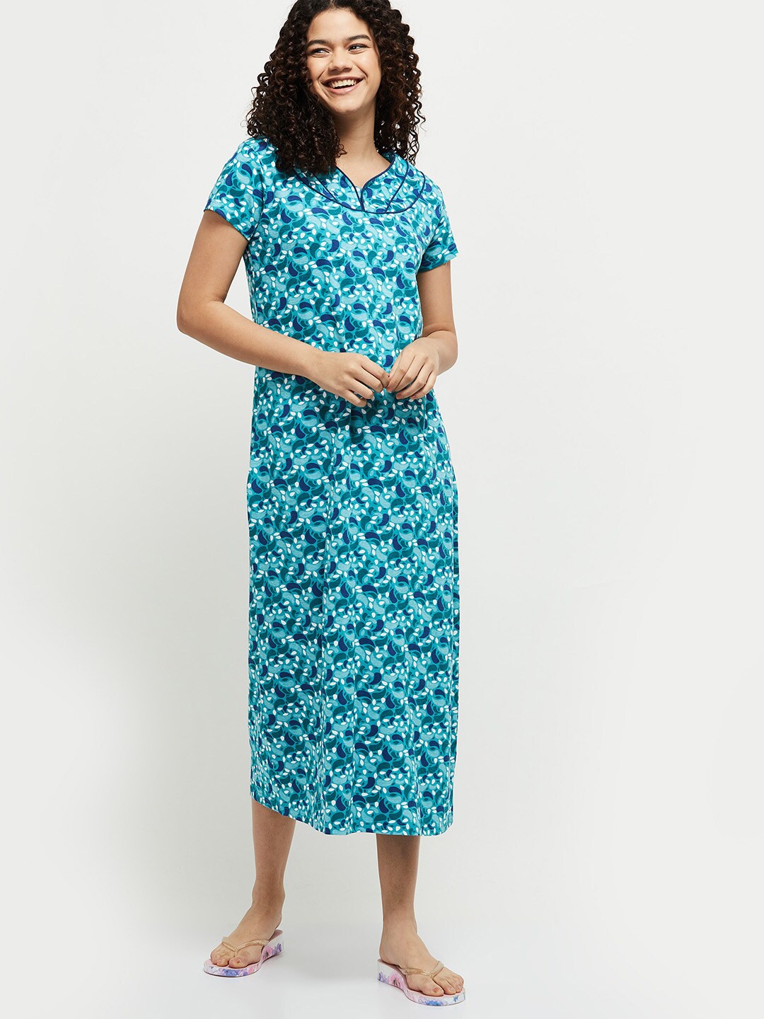 

max Round Neck Short Sleeves Pure Cotton Printed Nightdress, Teal