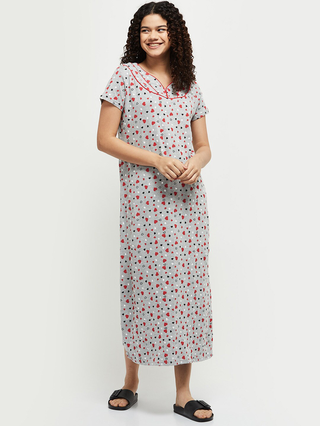

max Women Printed Round Neck Short Sleeves Nightdress, Grey melange