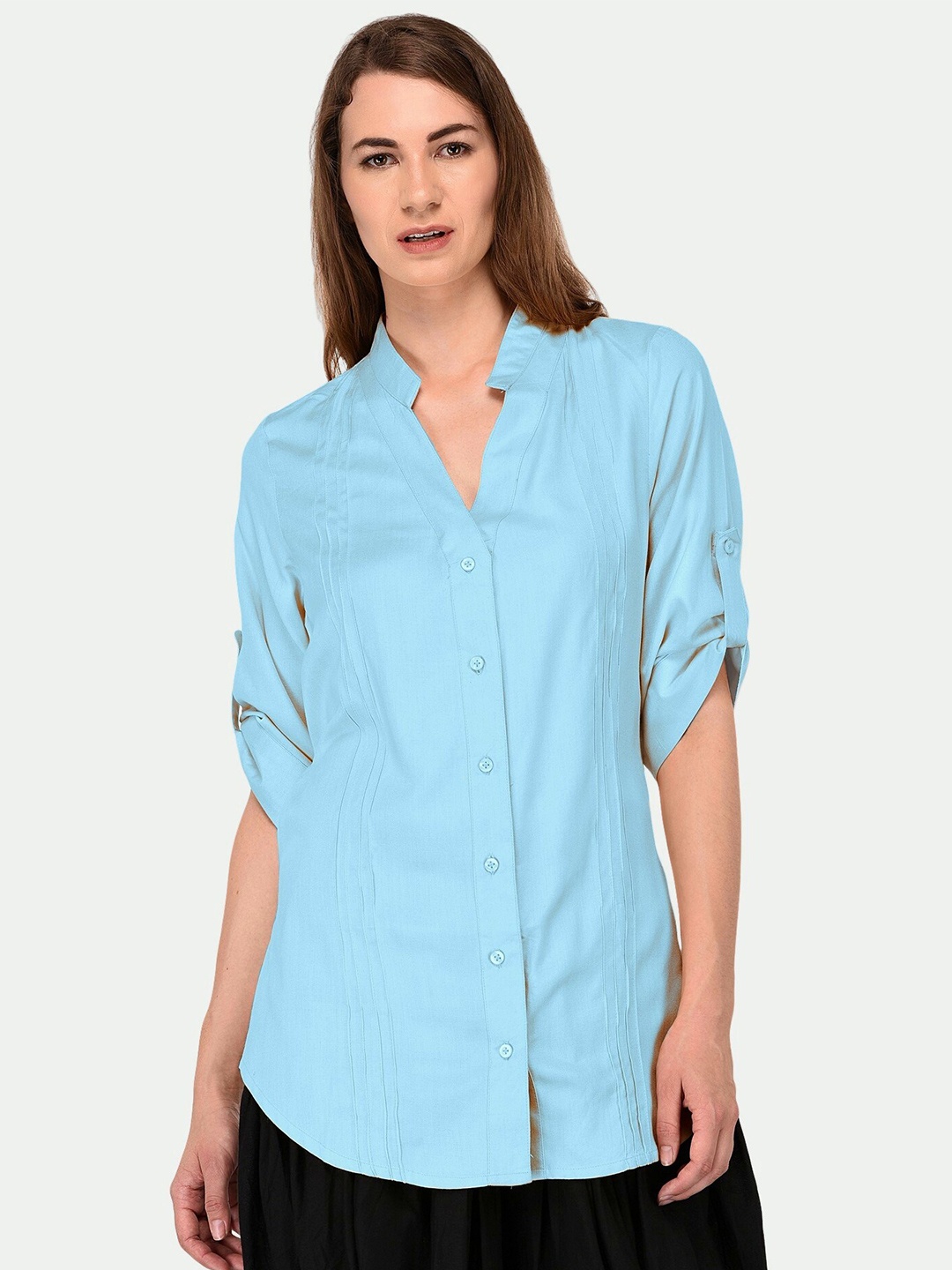 

PATRORNA Women Blue Solid Pintuck Casual Shirt