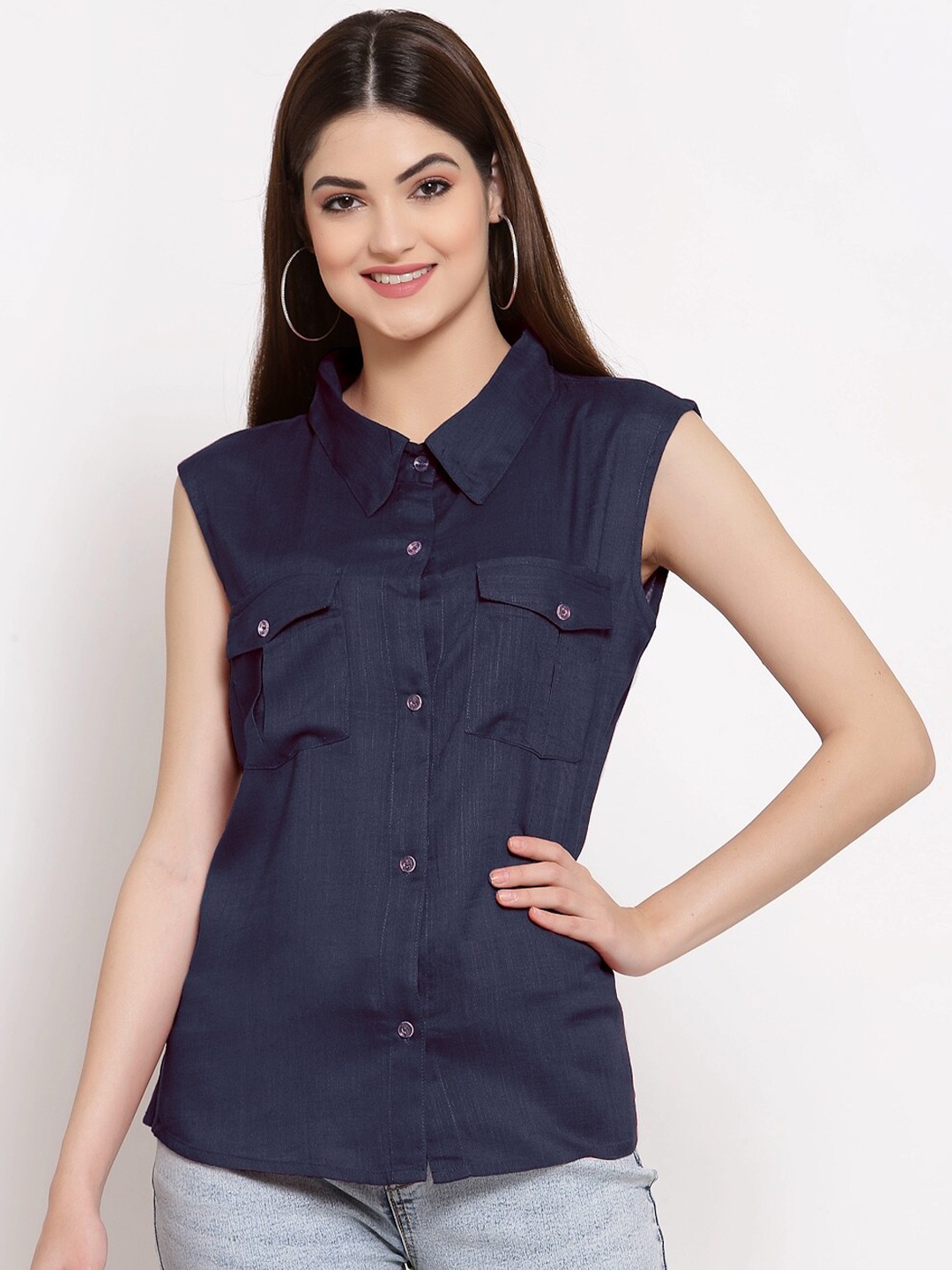 

PATRORNA Women Blue Collar Casual Shirt