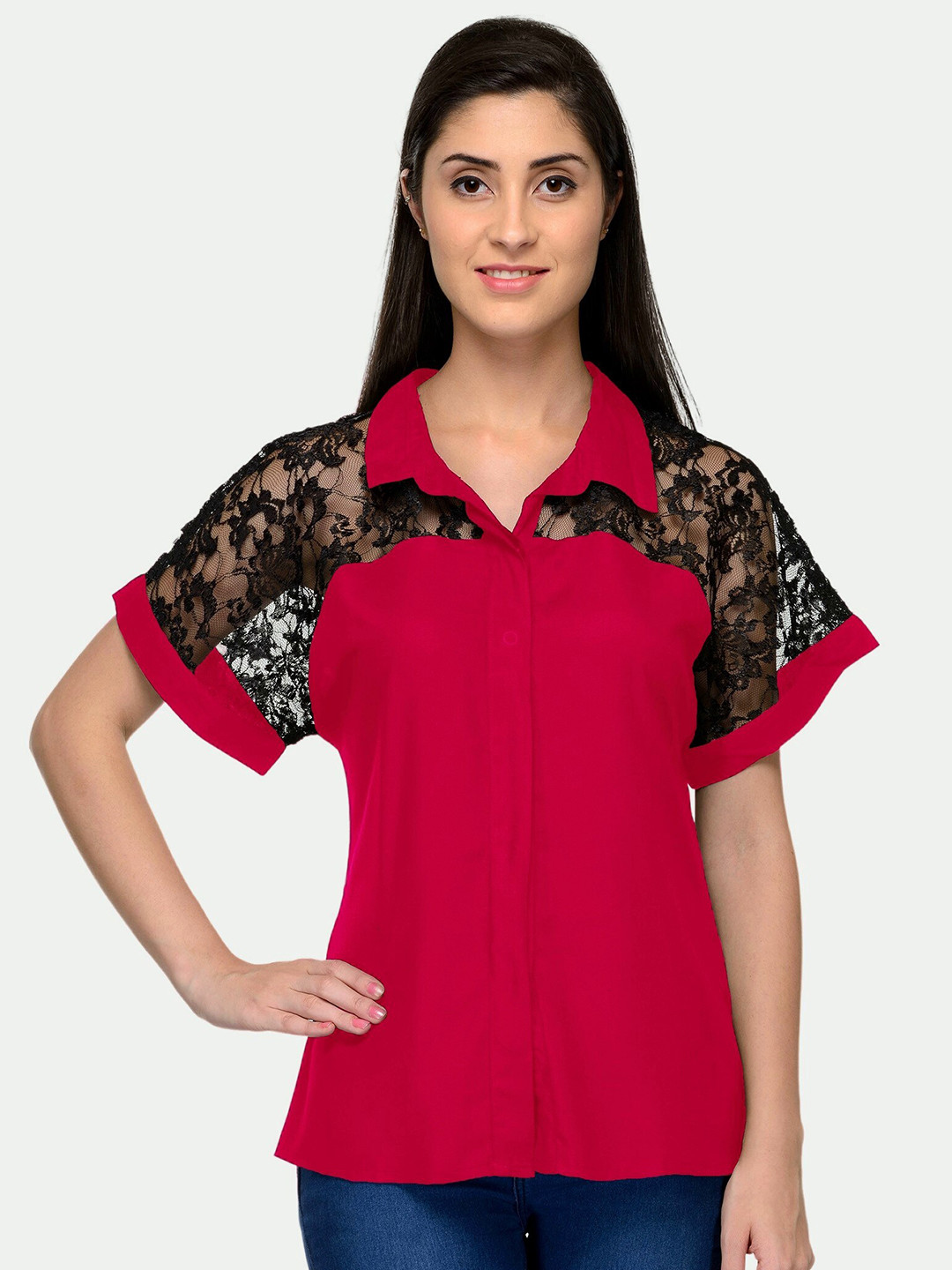 

PATRORNA Women Pink Lace Sleeve Collared Shirt