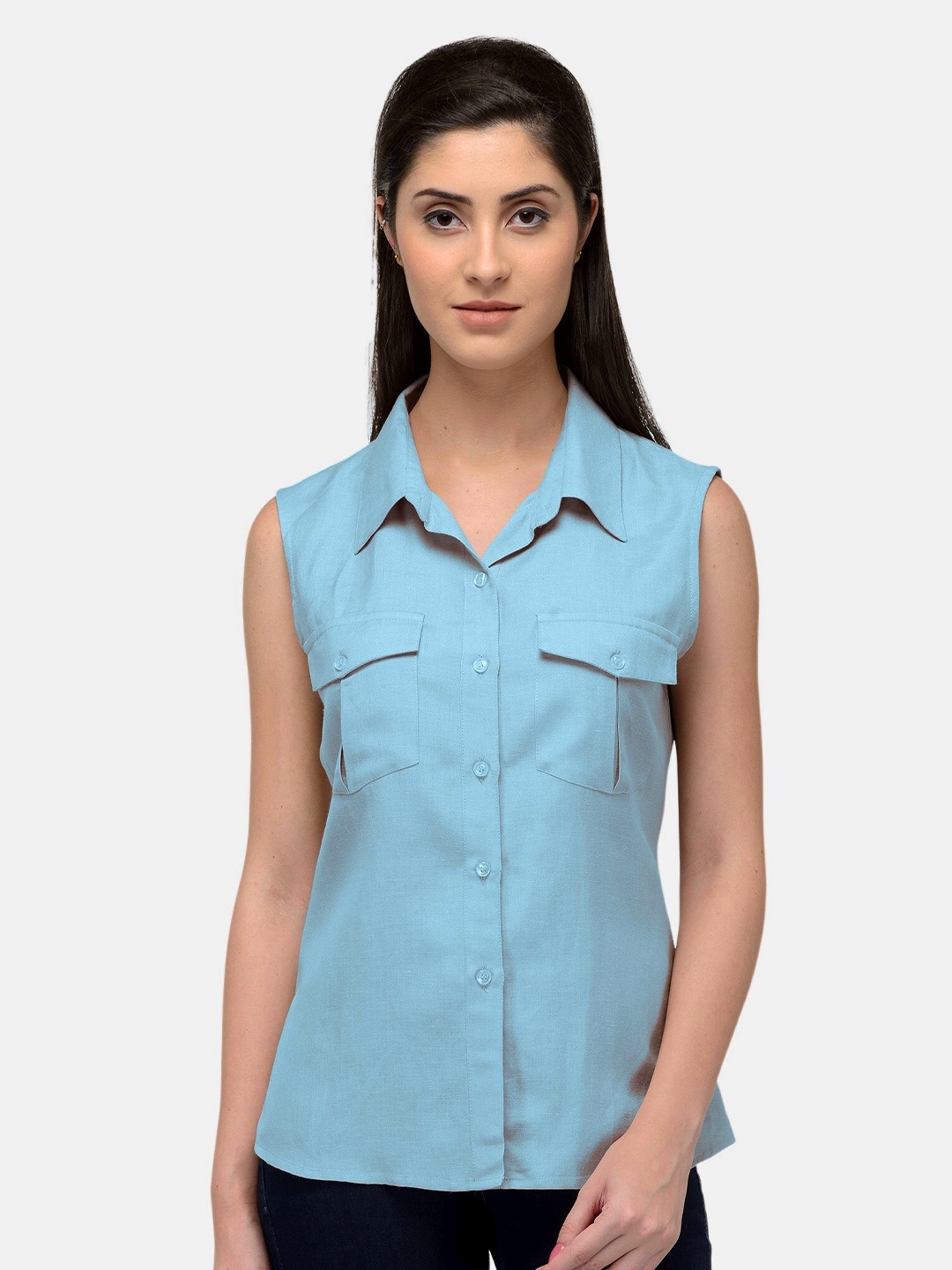 

PATRORNA Women Blue Collar Casual Shirt