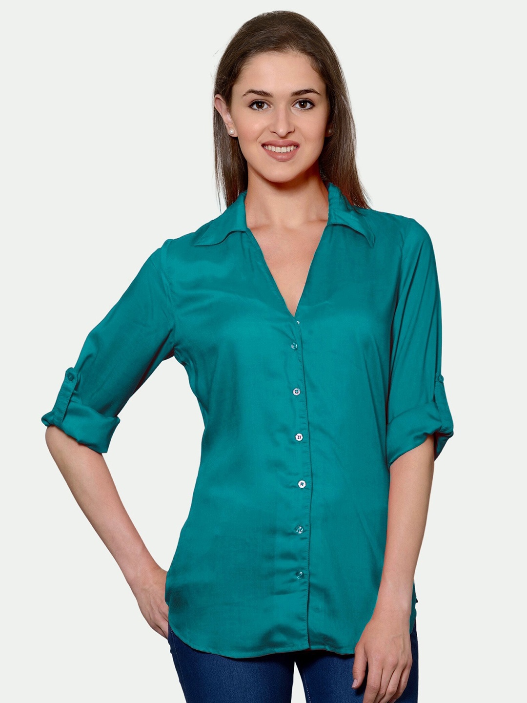 

PATRORNA Women Green Comfort Solid Casual Shirt