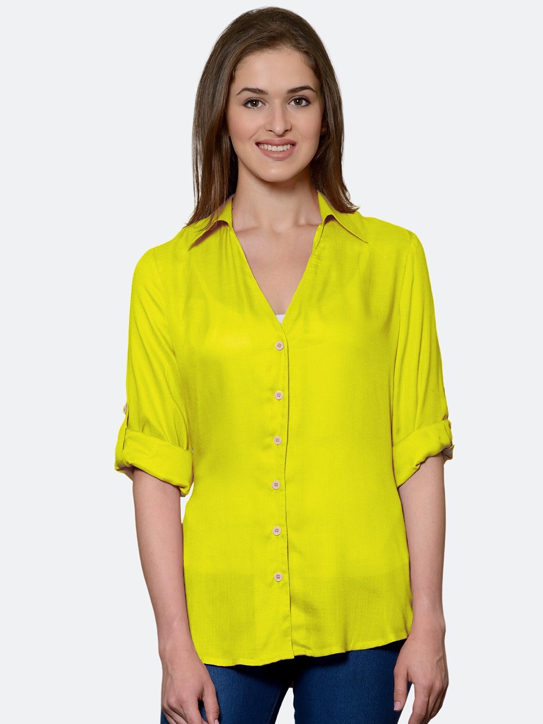 

PATRORNA Women Yellow Comfort Solid Casual Shirt