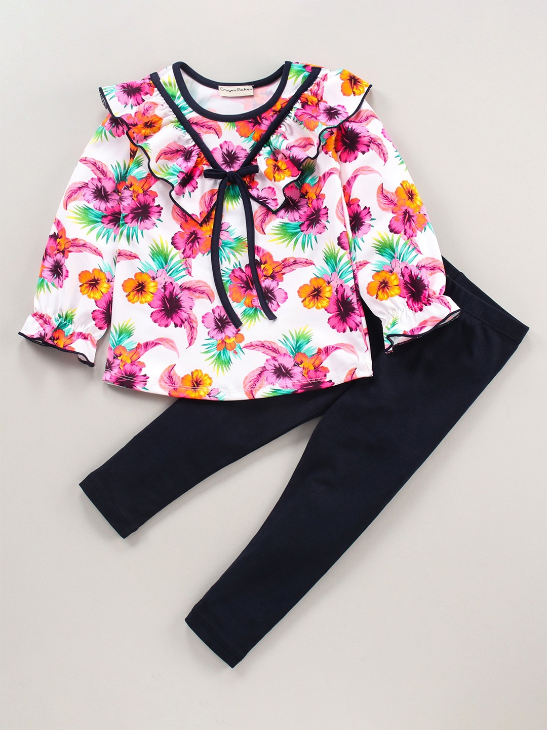 

CrayonFlakes Girls Pure Cotton Printed Top with Leggings, Off white