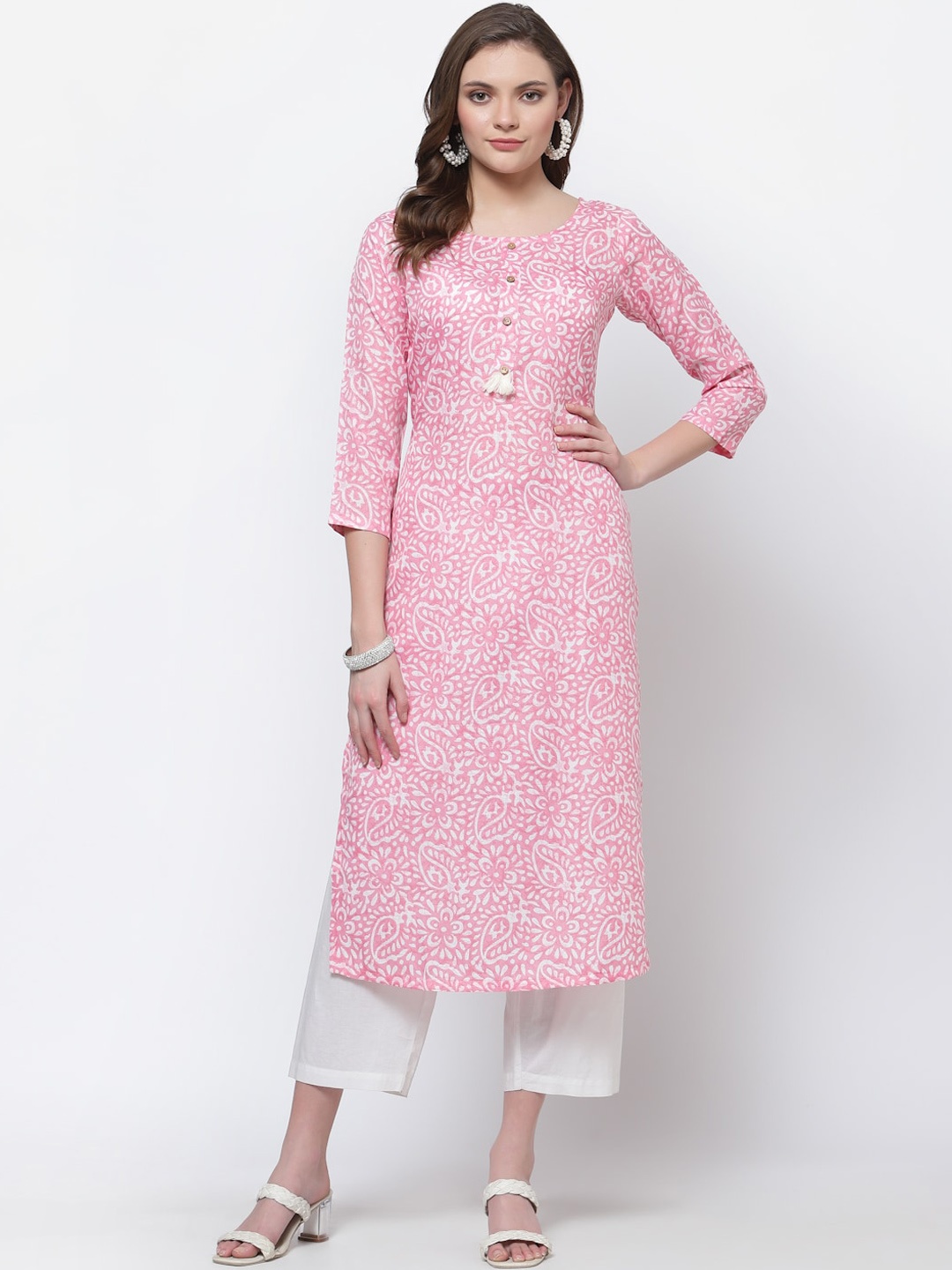 

Anuthi Women Pink Floral Printed Round Neck Cotton Kurta