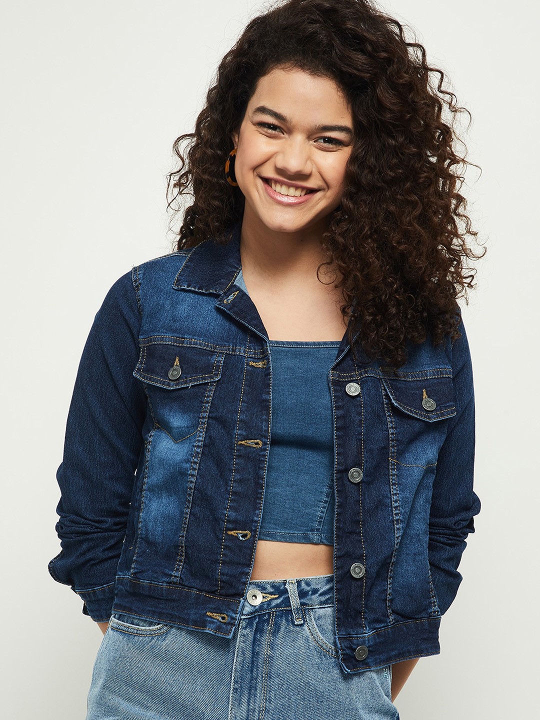 

max Women Navy Blue Washed Windcheater Denim Jacket with Patchwork