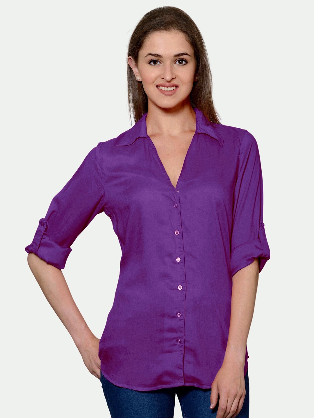 

PATRORNA Women Purple Comfort Solid Casual Shirt