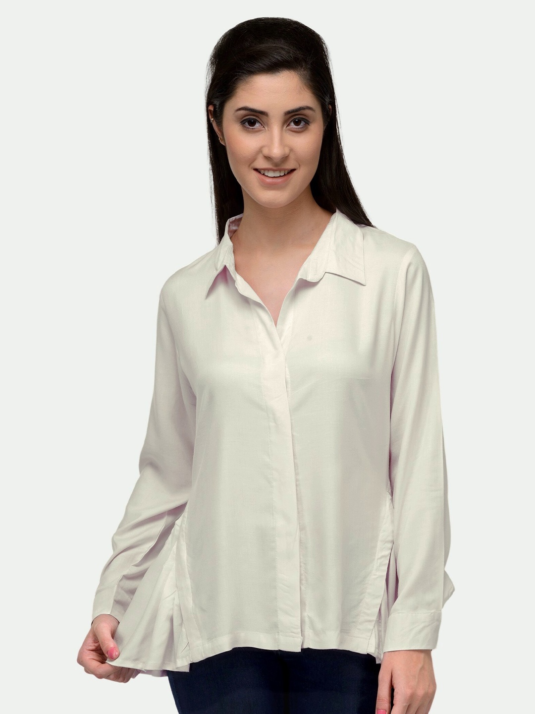 

PATRORNA Women Off White Comfort Solid Casual Shirt