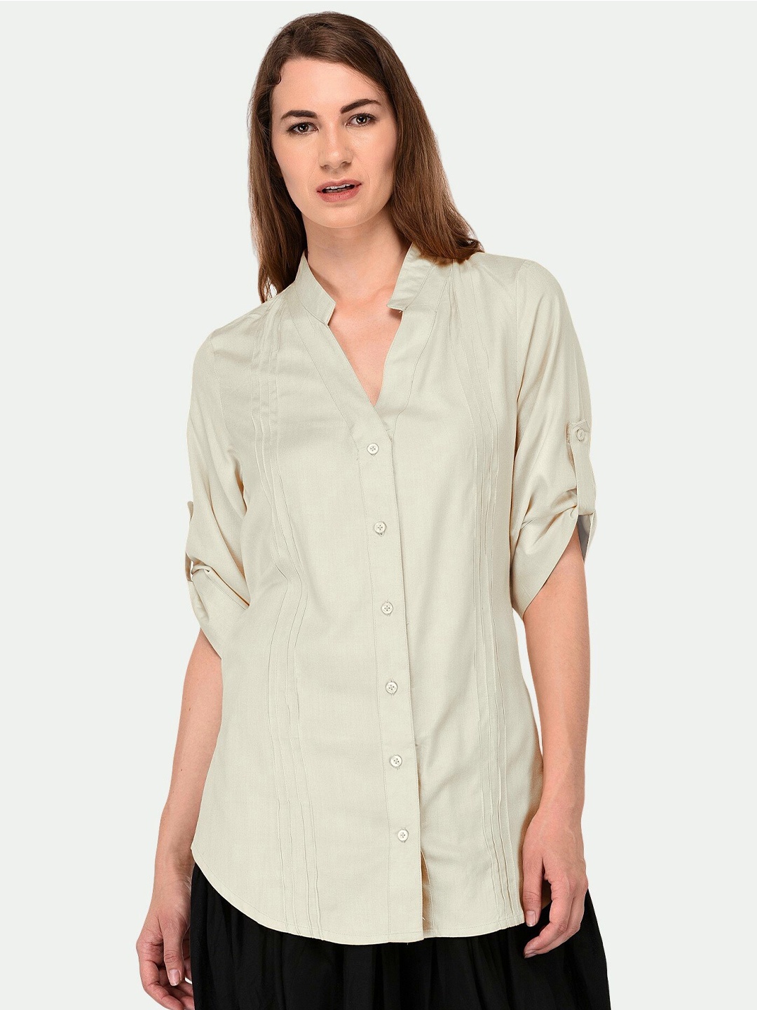 

PATRORNA Women Off White Comfort Solid Casual Shirt