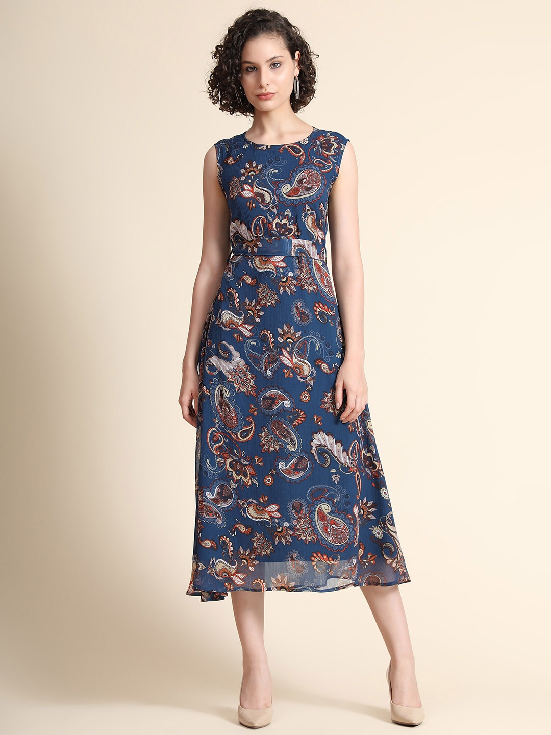 

KERI PERRY Women Navy Blue Georgette Paisley Print A-Line Midi Dress