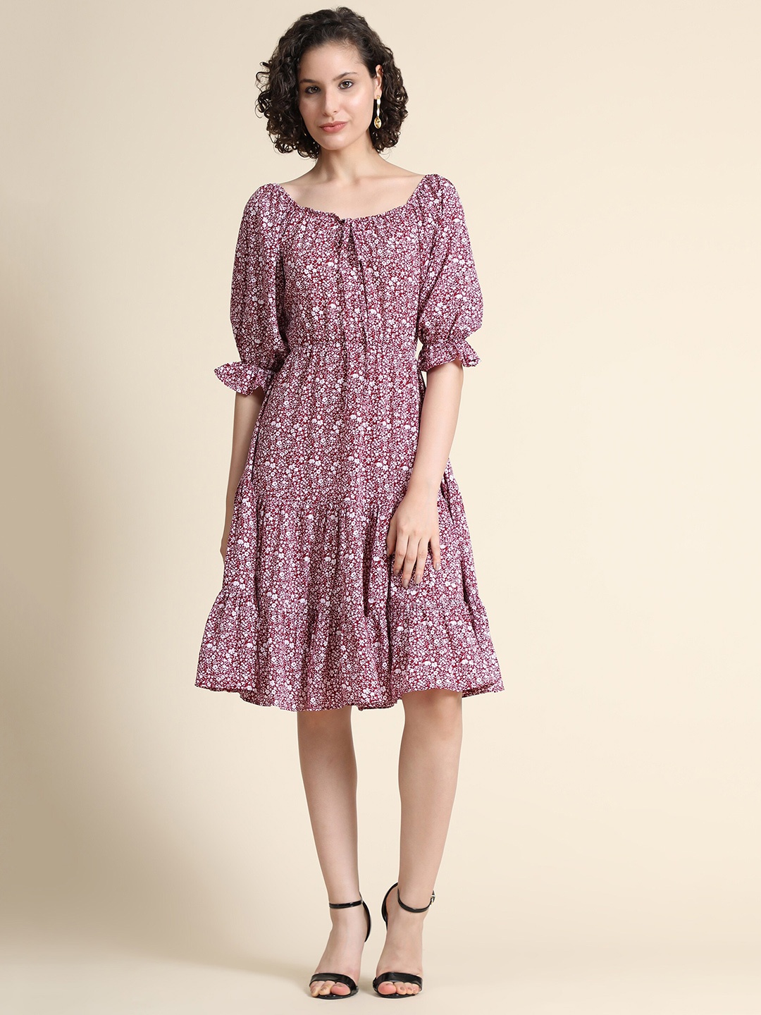 

KERI PERRY Printed Floral Short Puff Sleeves Fit and Flare Dress, Mauve