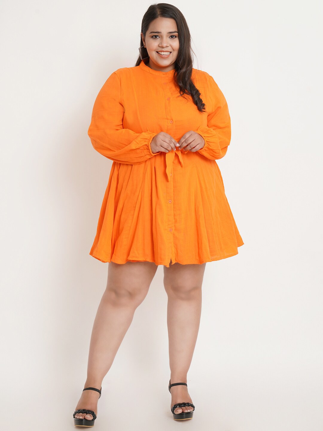 

IX IMPRESSION Women Orange Solid Plus Size Shirt Dress