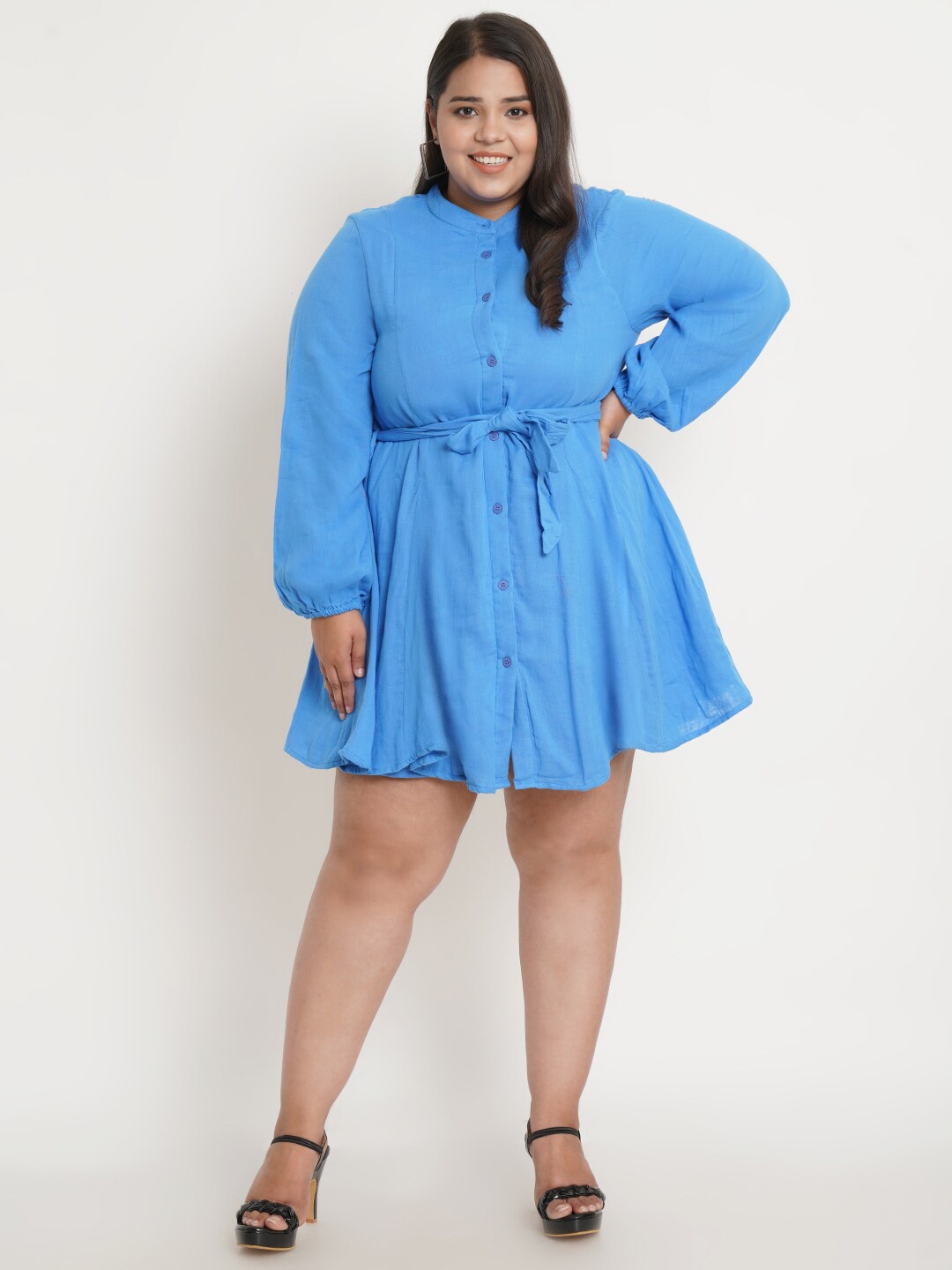 

IX IMPRESSION Women Plus Size Blue Tie-Up Shirt Dress