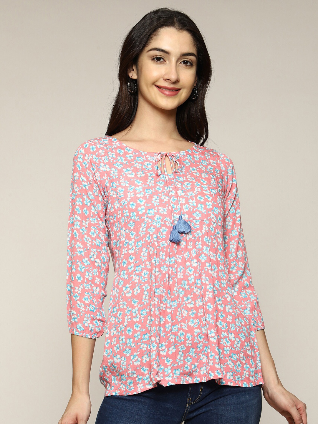 

Anuthi Pink Floral Print Tie-Up Neck Top
