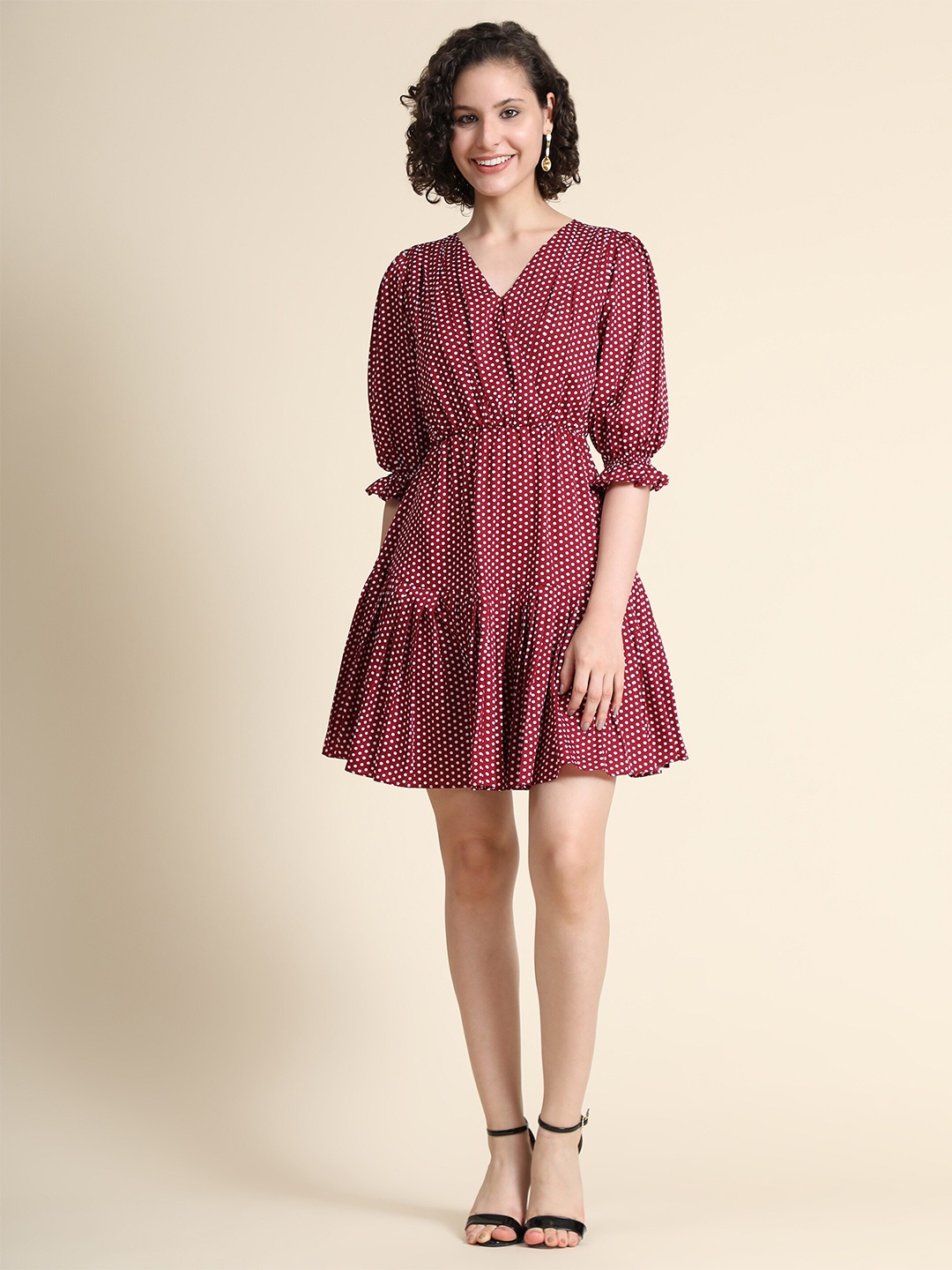 

KERI PERRY Women Maroon Polka Dot Printed Flared Dress