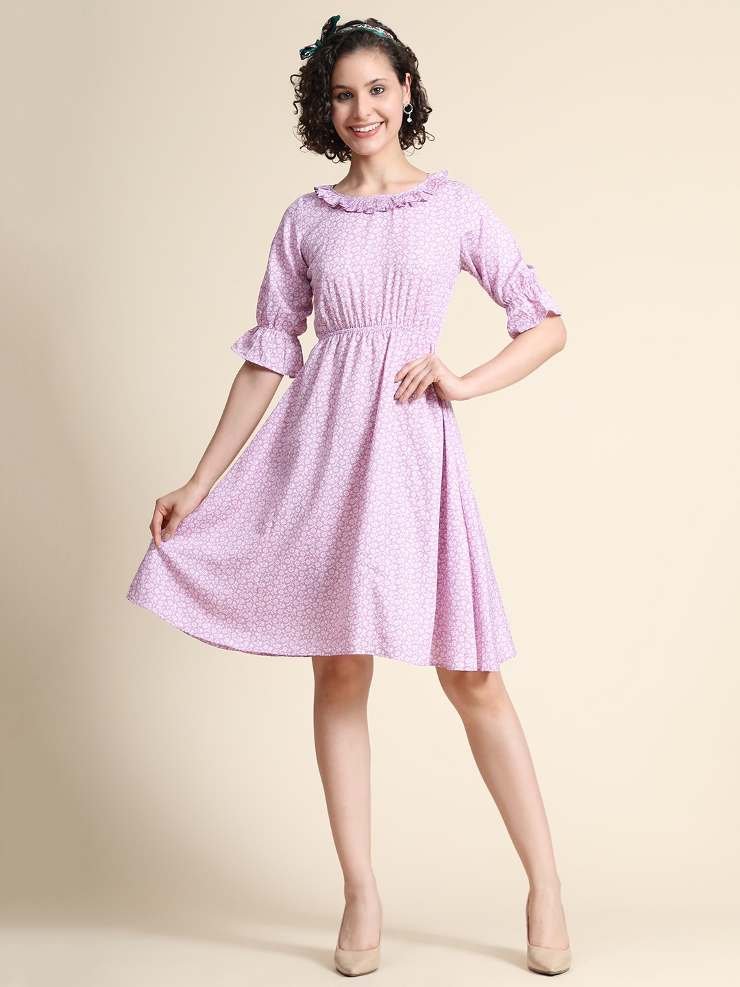 

KERI PERR Floral Print Puff Sleeves Flared Georgette Fit and Flare Dress, Mauve