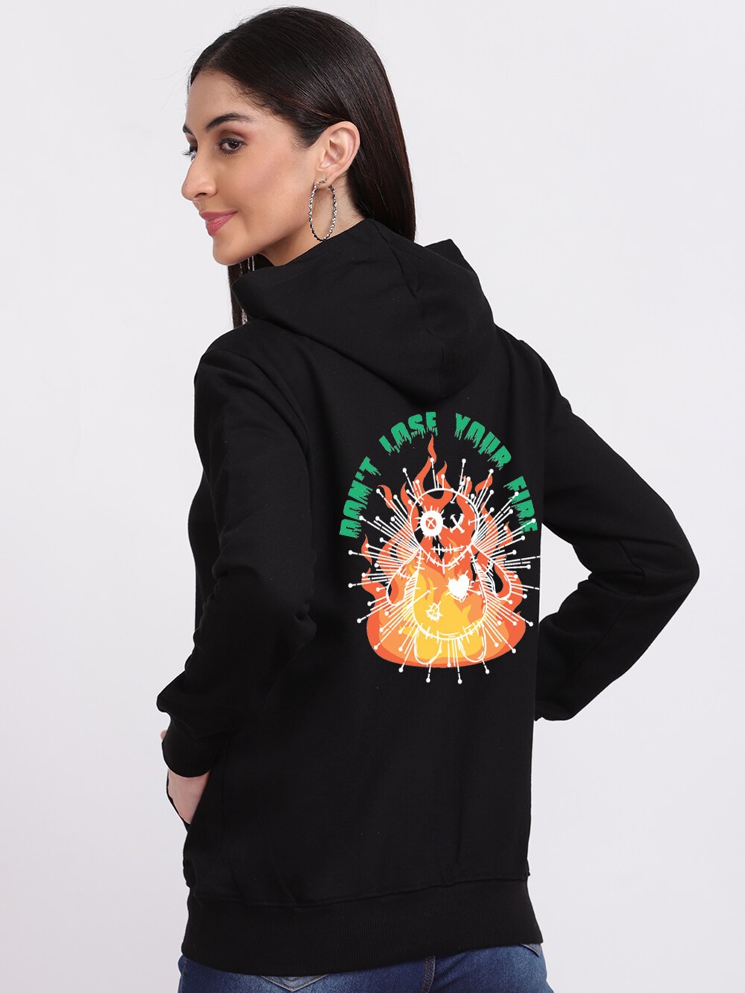 

Mad Over Print Women Black Cotton Don't Lose Your Fire Printed Hooded Sweatshirt
