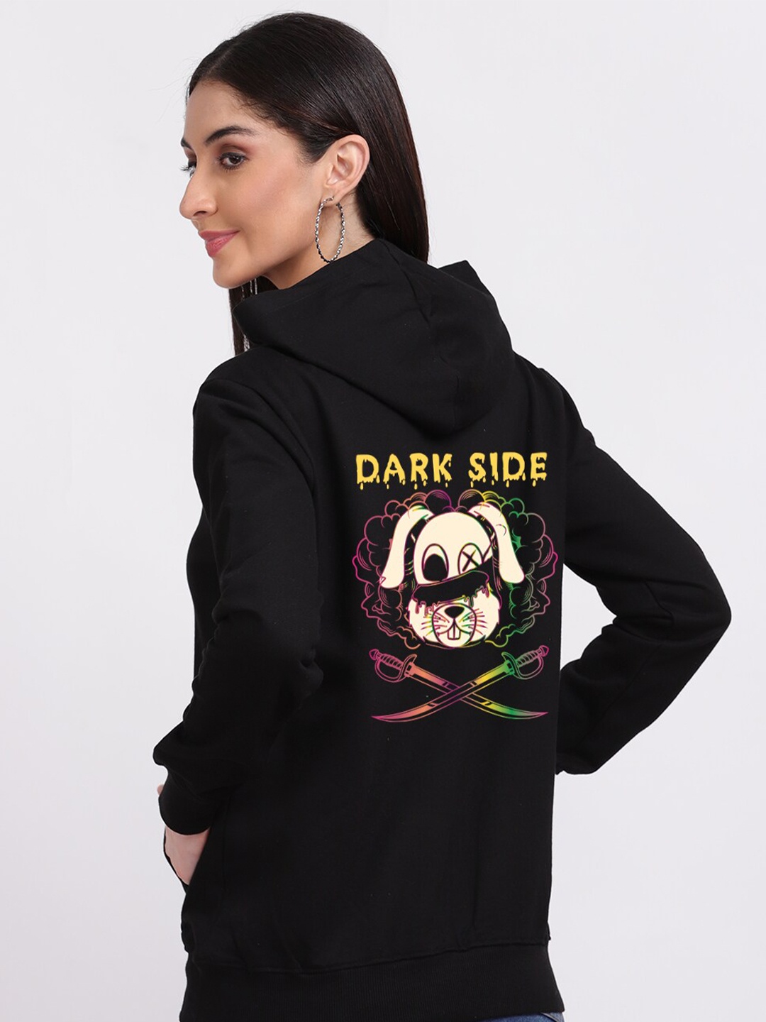 

Mad Over Print Women Black Dark Side Typography Back Print Hooded Sweatshirt