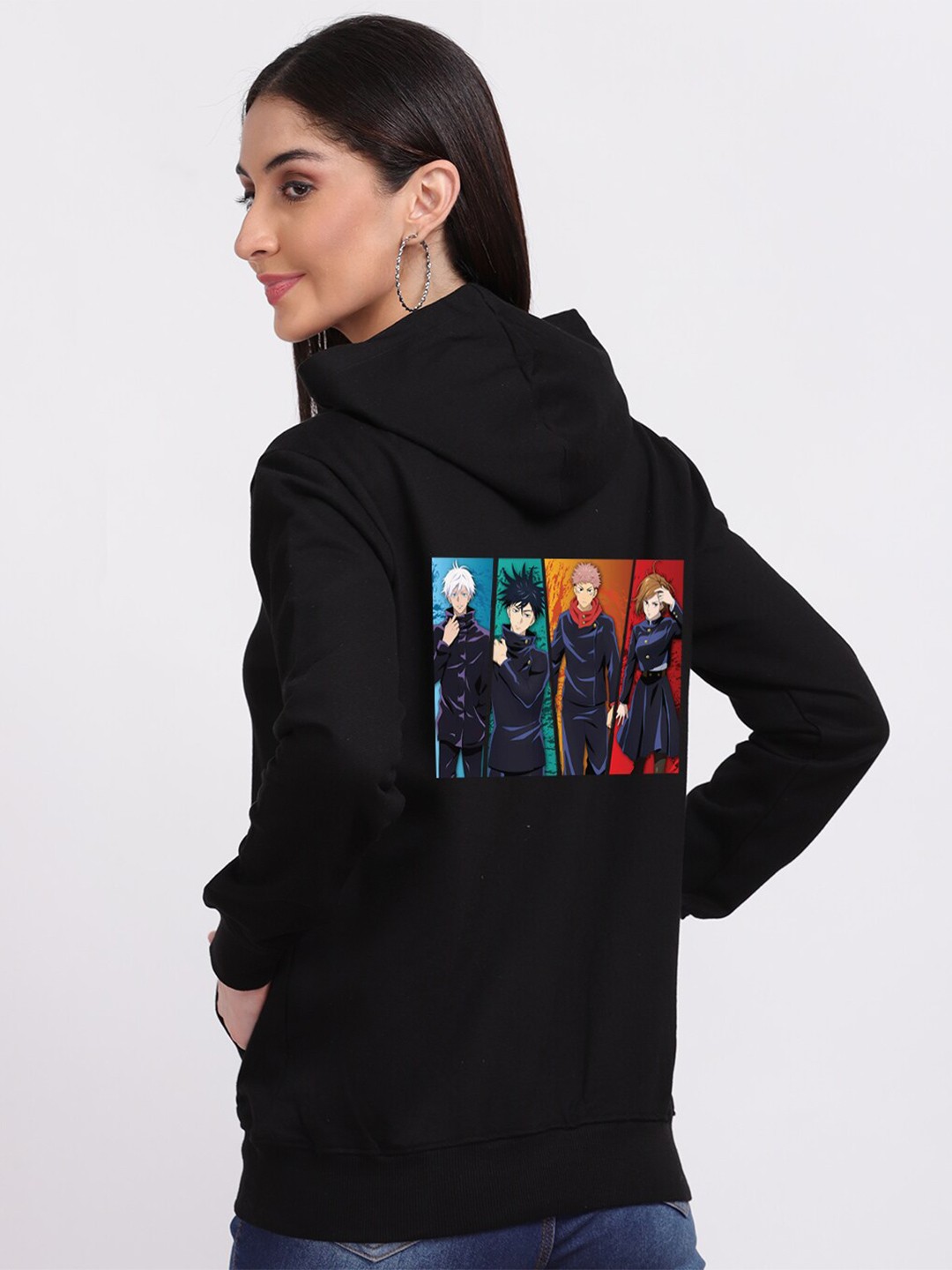 

Mad Over Print Women Black Jujustu Kaisen Graphic Back Print Hooded Sweatshirt