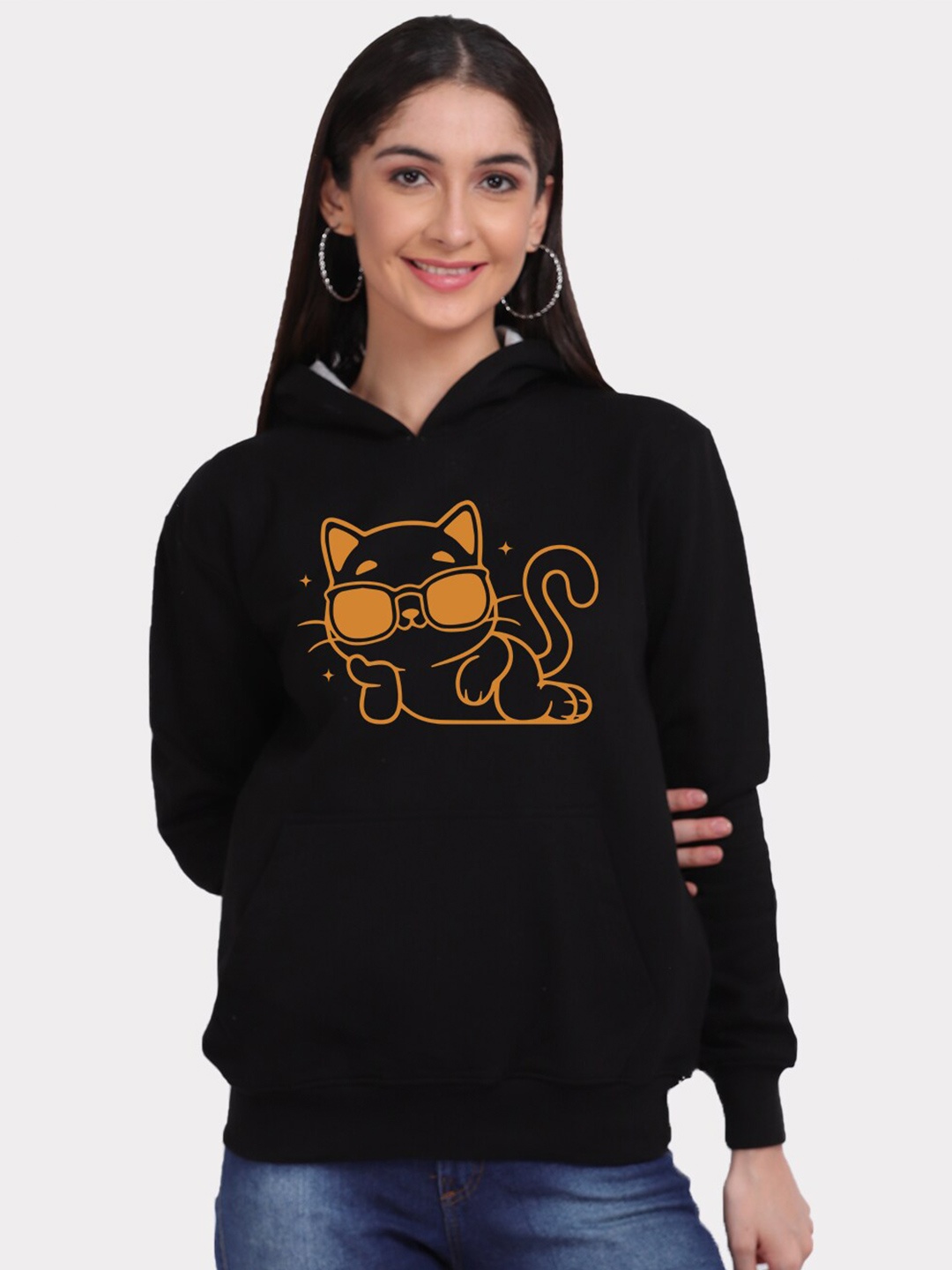 

Mad Over Print Women Black Savage Cat Animal Print Hooded Sweatshirt