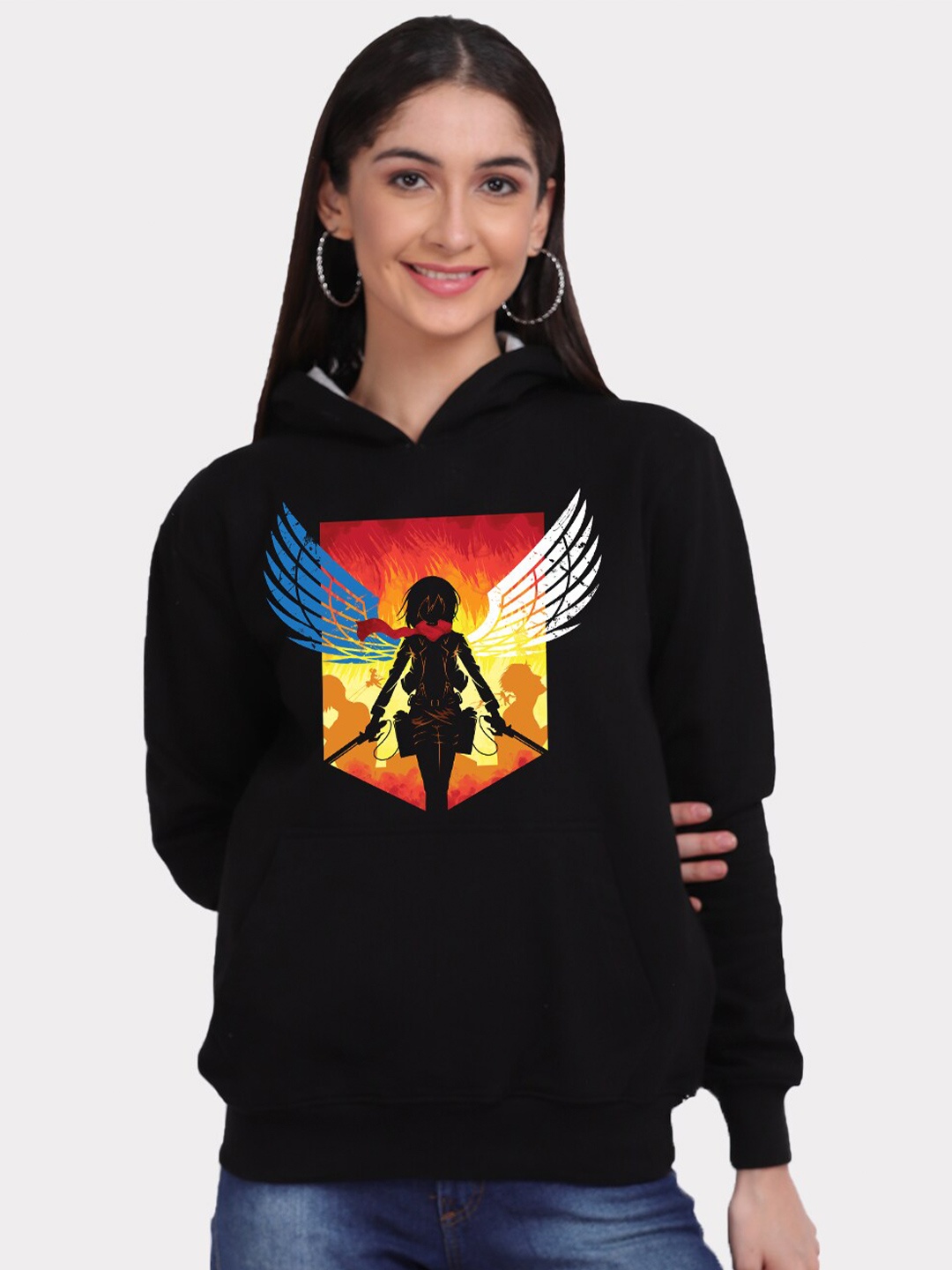 

Mad Over Print Women Black Cotton Anime Mikasa Printed Hooded Sweatshirt