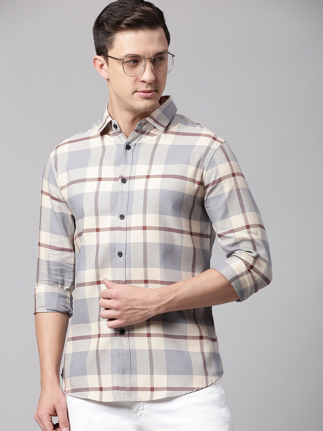 

Dennis Lingo Men Grey Slim Fit Tartan Checked Casual Shirt