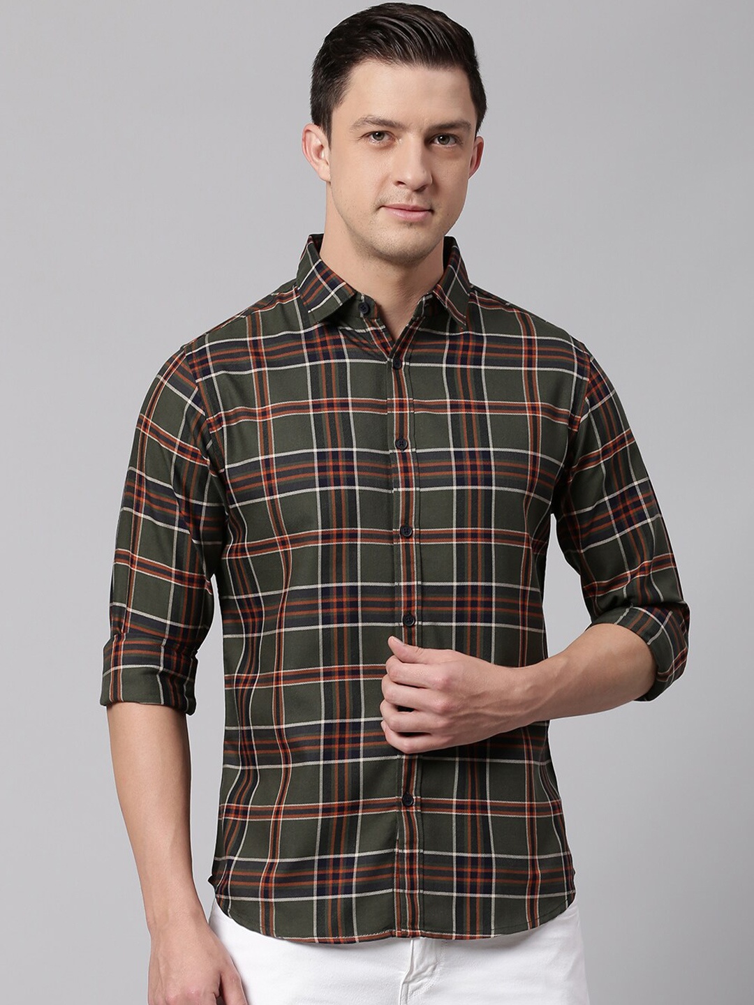 

Dennis Lingo Men Green Slim Fit Tartan Checked Casual Shirt