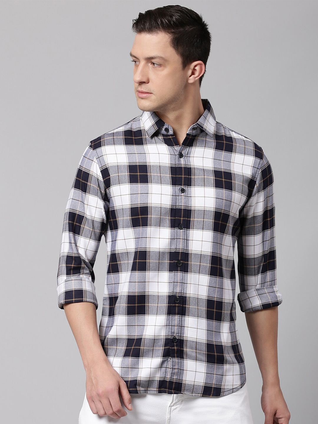 

Dennis Lingo Men Navy Blue Slim Fit Tartan Checked Casual Shirt