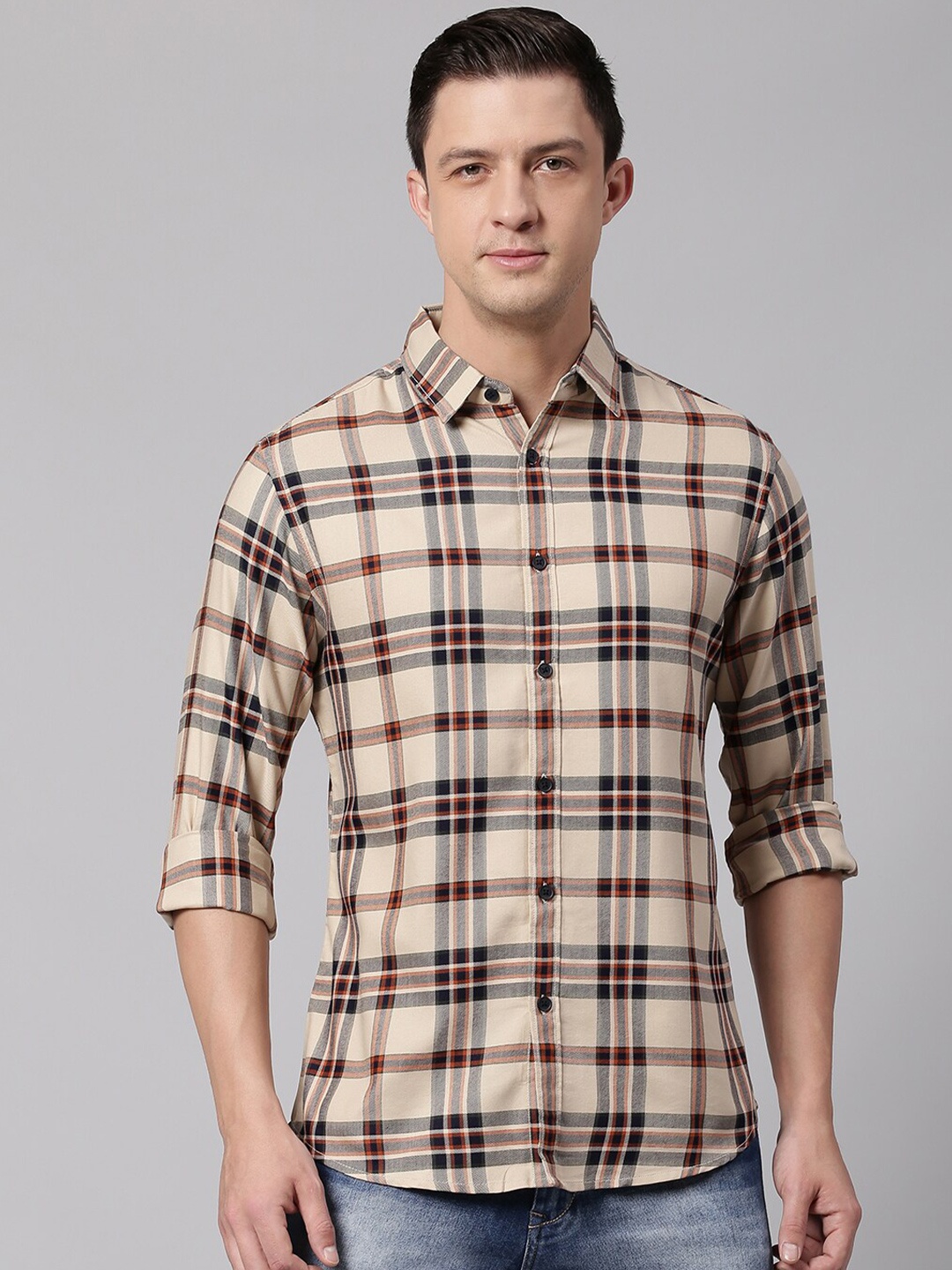 

Dennis Lingo Men Beige Slim Fit Tartan Checked Casual Shirt