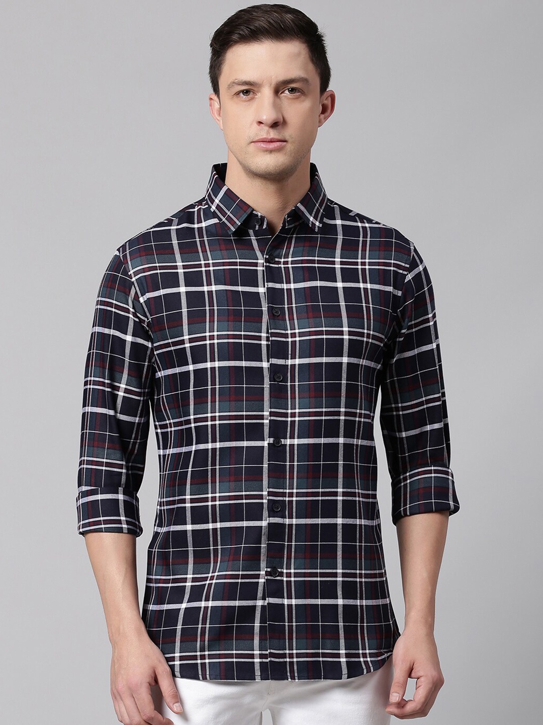 

Dennis Lingo Men Navy Blue Slim Fit Tartan Checked Casual Shirt