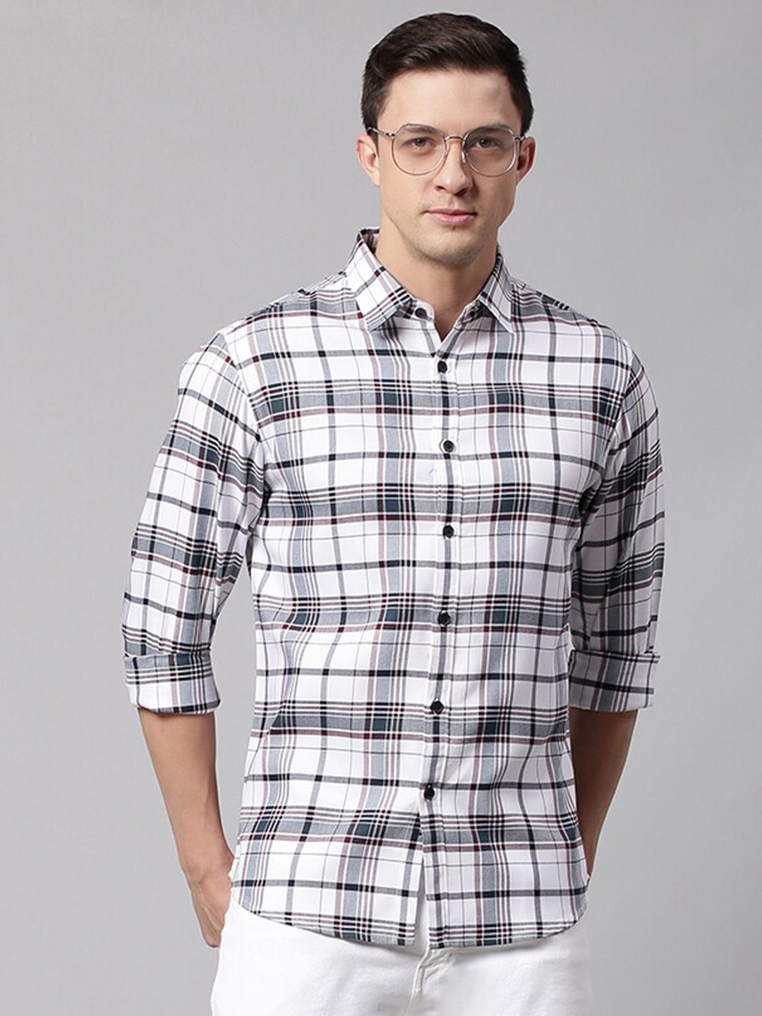 

Dennis Lingo Men White Slim Fit Tartan Checked Casual Shirt