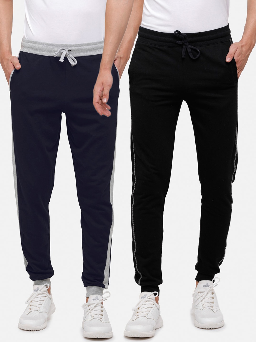 

MADSTO Men Pack Of 2 Navy Blue & Black Solid Cotton Joggers