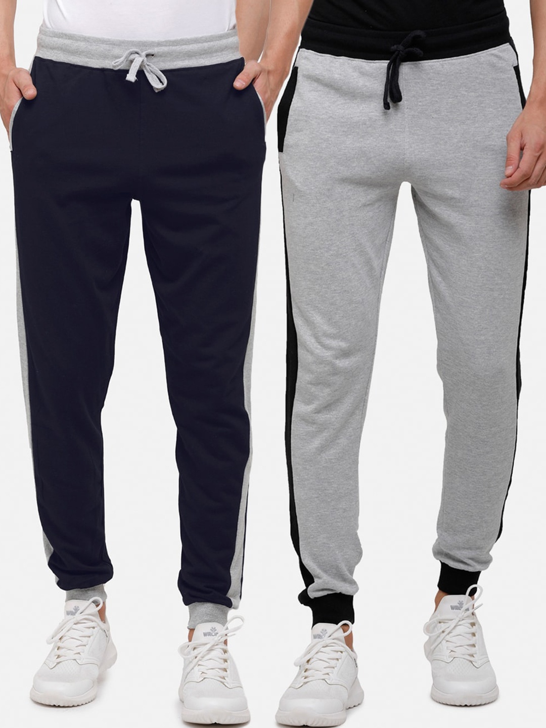 

MADSTO Men Pack Of 2 Navy Blue & Grey Solid Cotton Joggers