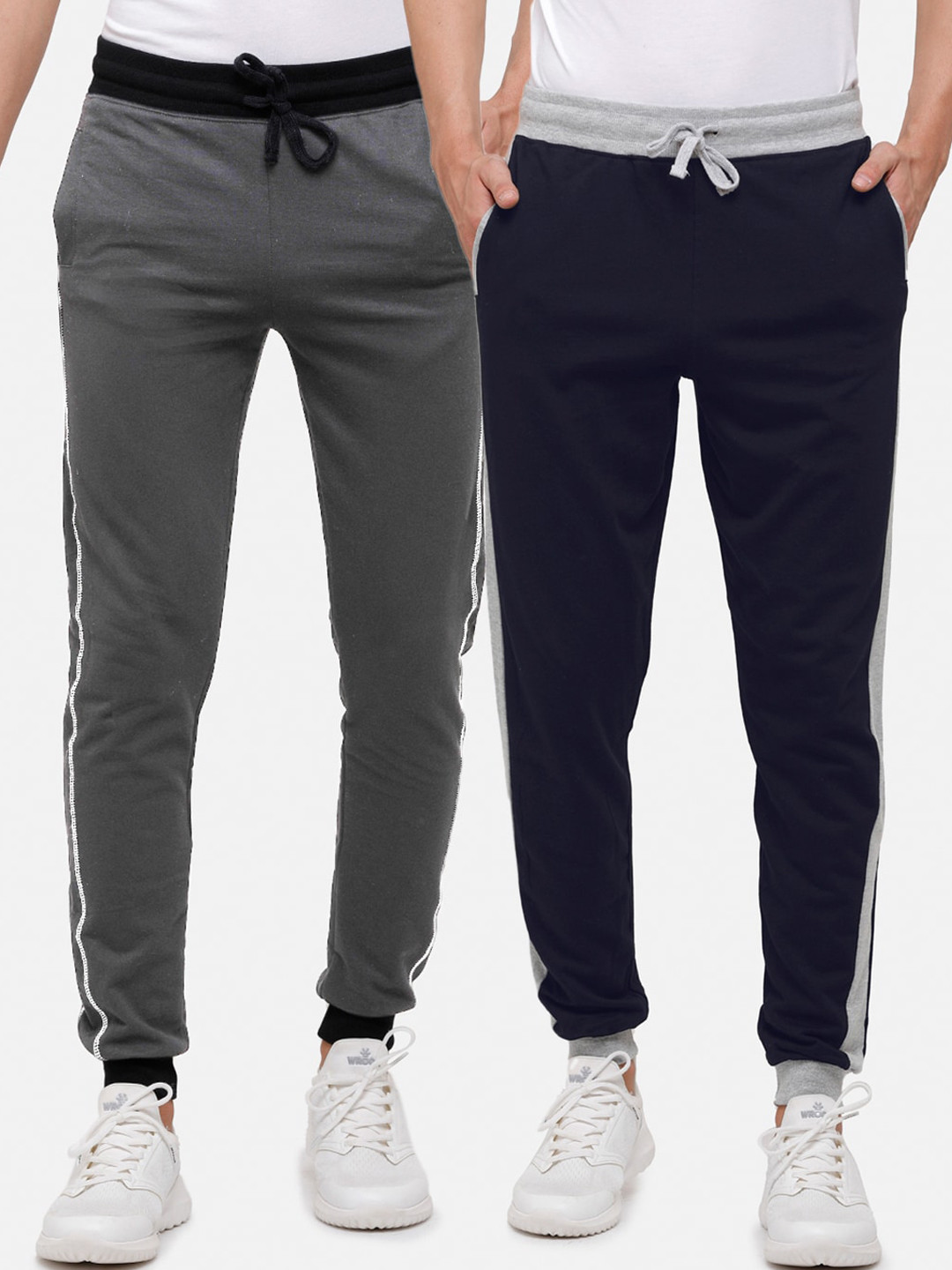 

MADSTO Men Set Of 2 Navy Blue & Grey Solid Cotton Joggers