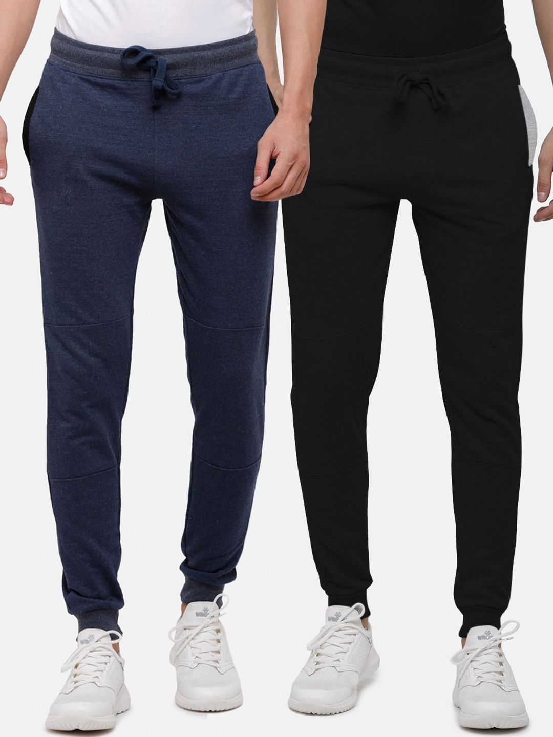

MADSTO Men Pack Of 2 Navy Blue & Black Solid Cotton Joggers