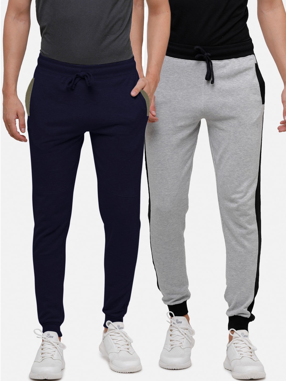 

MADSTO Men Pack of 2 Navy Blue & Grey Solid Cotton Jogger Track Pants