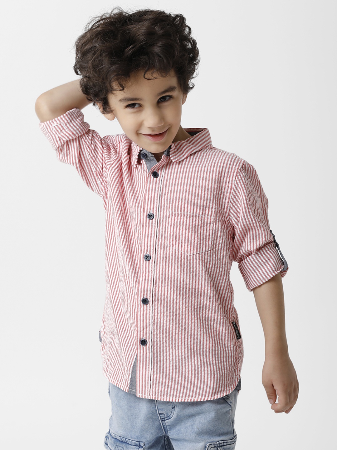 

KATE & OSCAR Boys Peach-Coloured Standard Striped Pure Cotton Casual Shirt