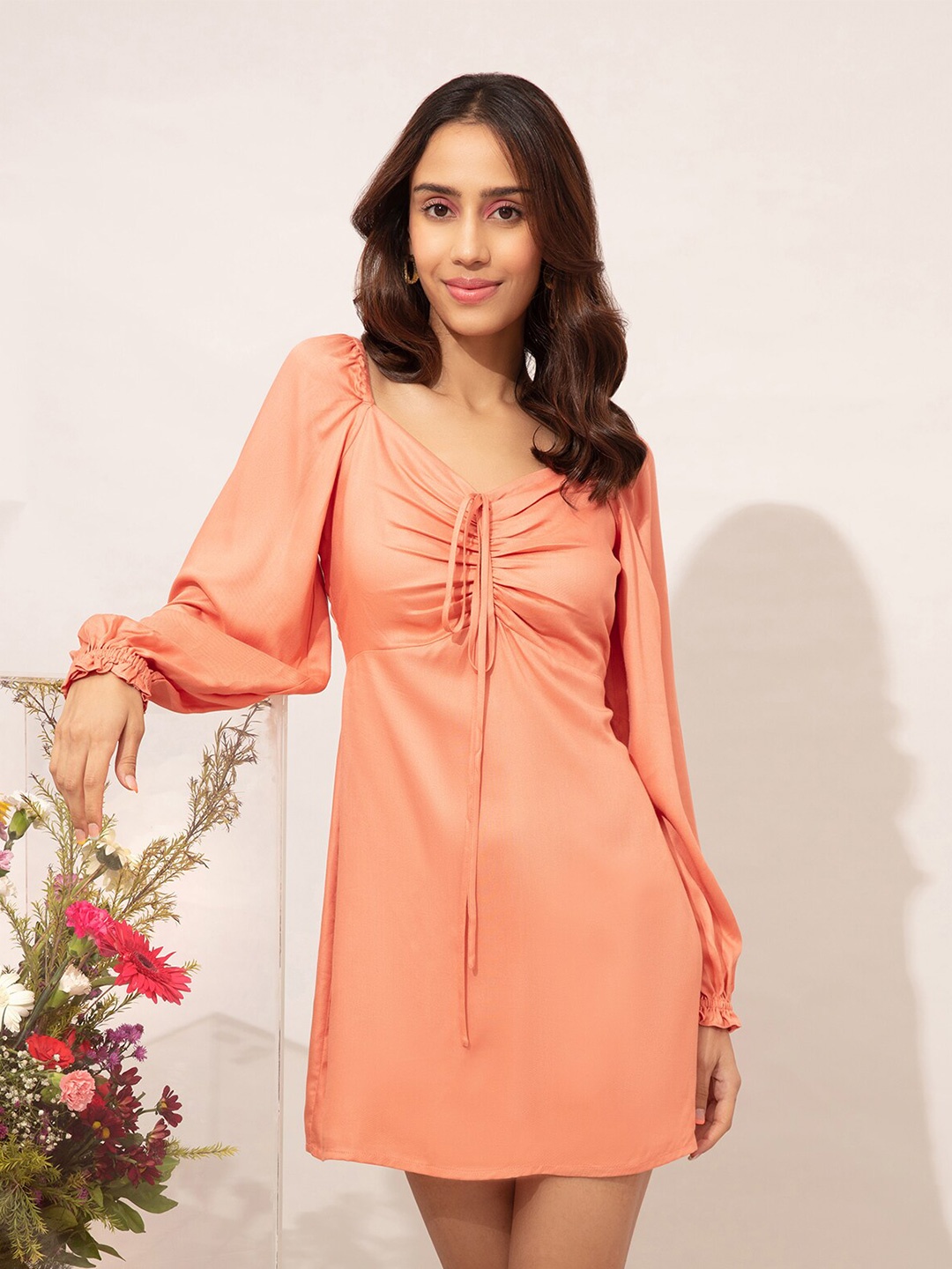 

20Dresses Solid Tie-Up Ruched Neck A-Line Dress, Coral