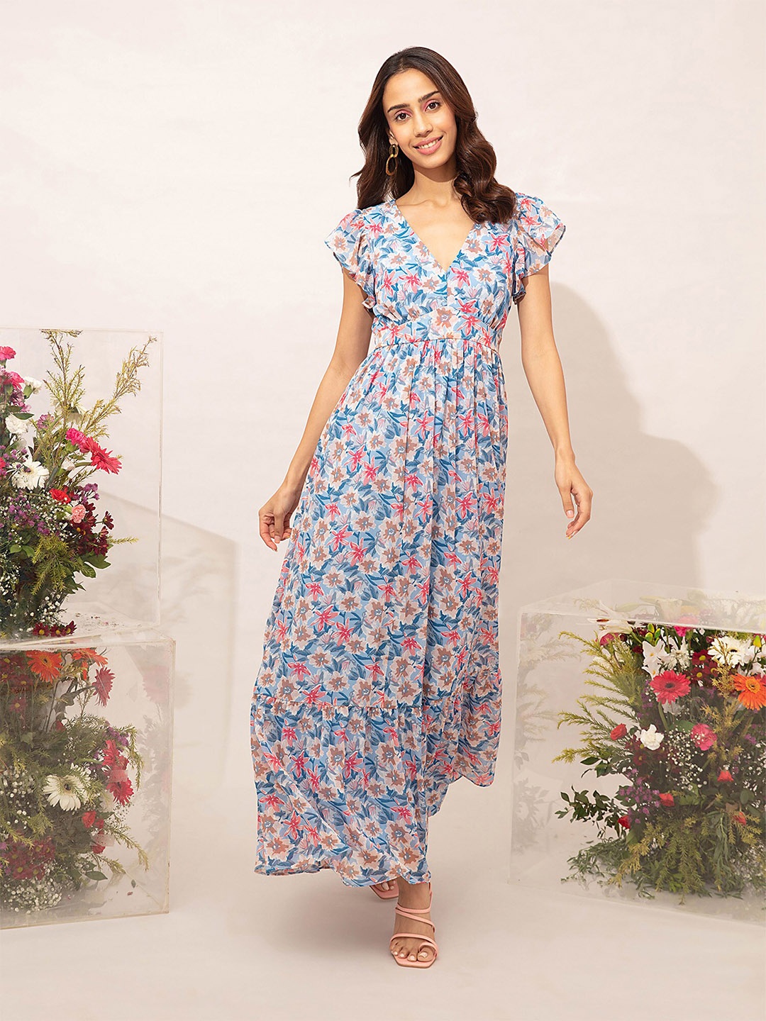 

20Dresses Blue & White Printed Flared Sleeves Floral Chiffon Maxi Dress