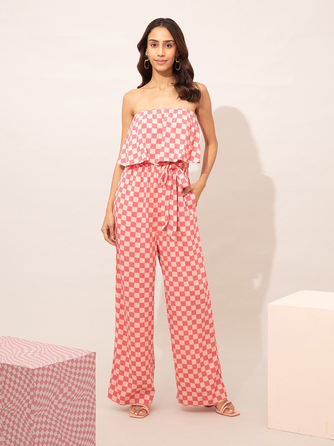 

20Dresses Printed Strapless Checked Basic Jumpsuit, Pink