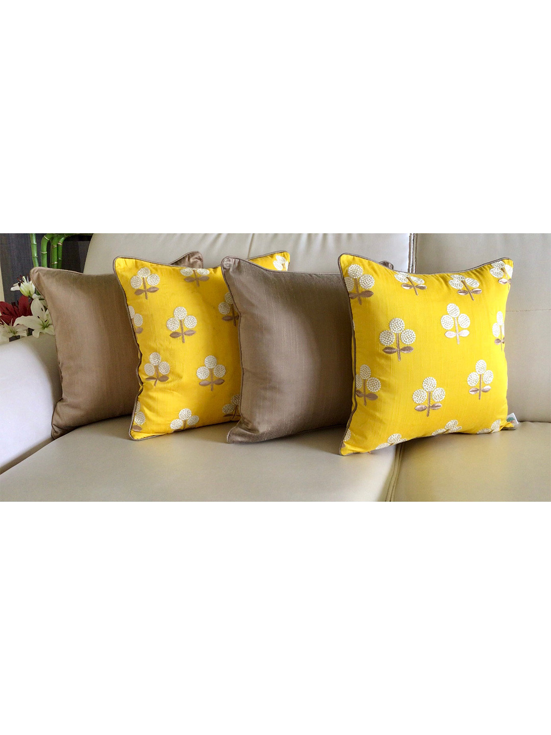 

TARA- Sparkling Homes Yellow & Brown Set of 4 Floral Square Cushion Covers