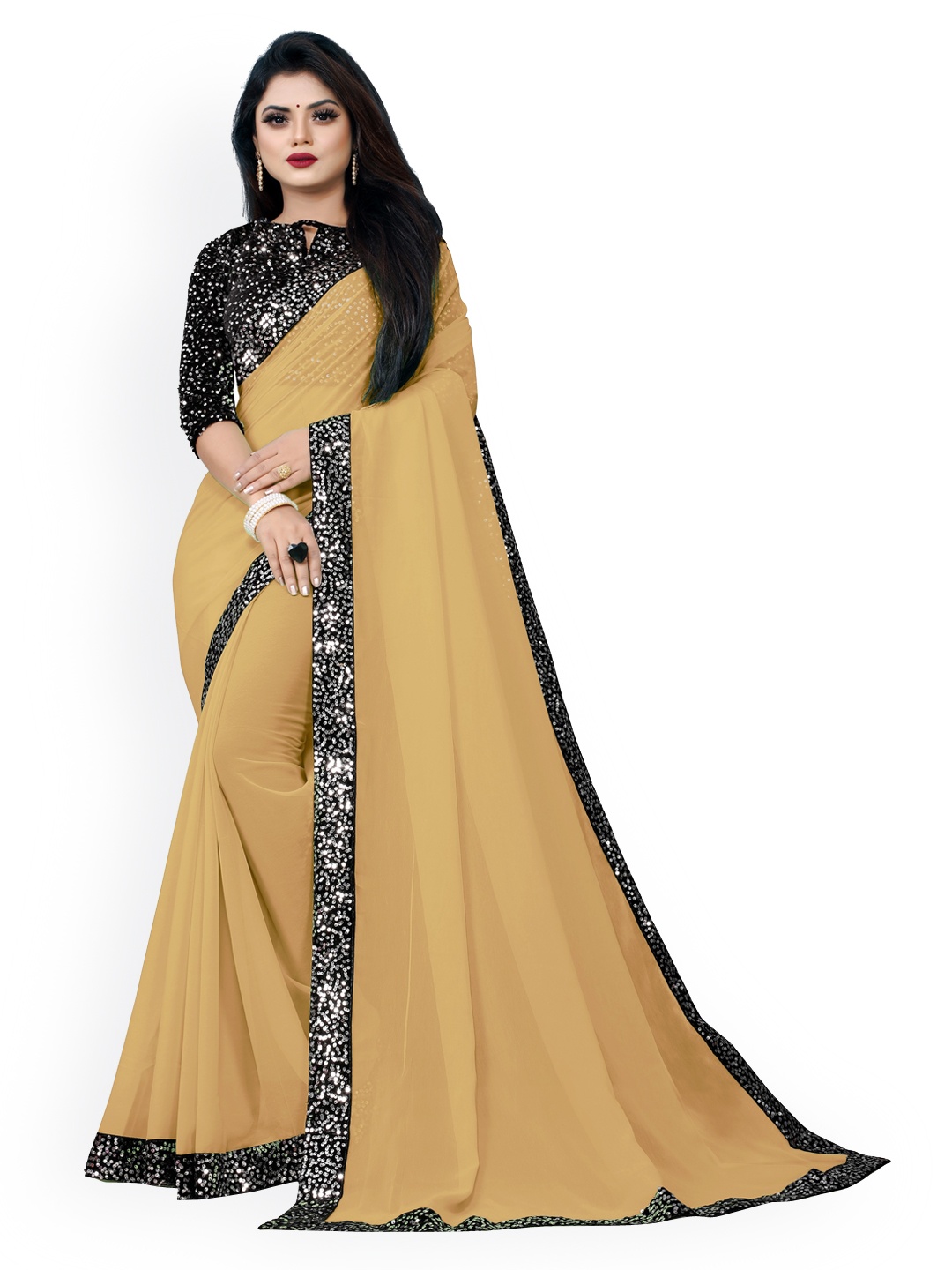 

CLOMITA Beige Solid Sequinned Georgette Bollywood Saree