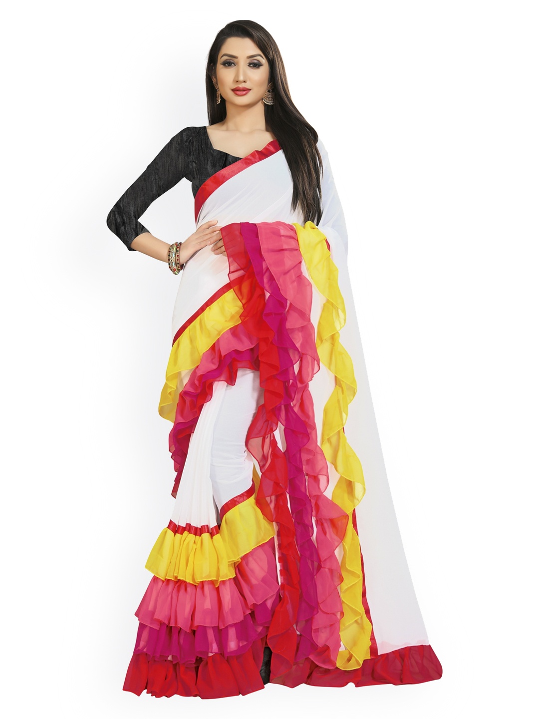 

CLOMITA White & Pink Colourblocked Ruffled Saree