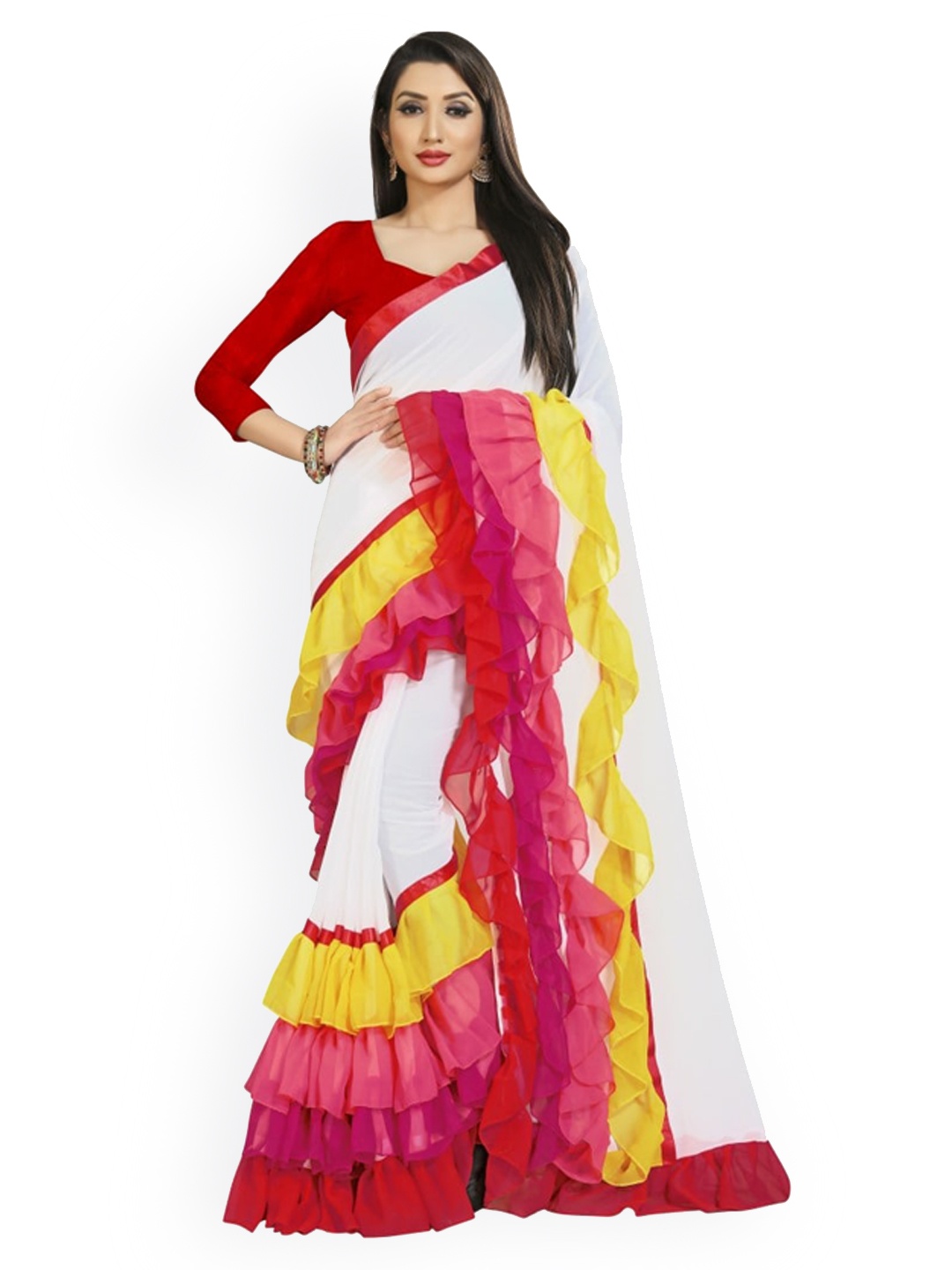 

CLOMITA White & Red Ruffled Georgette Saree