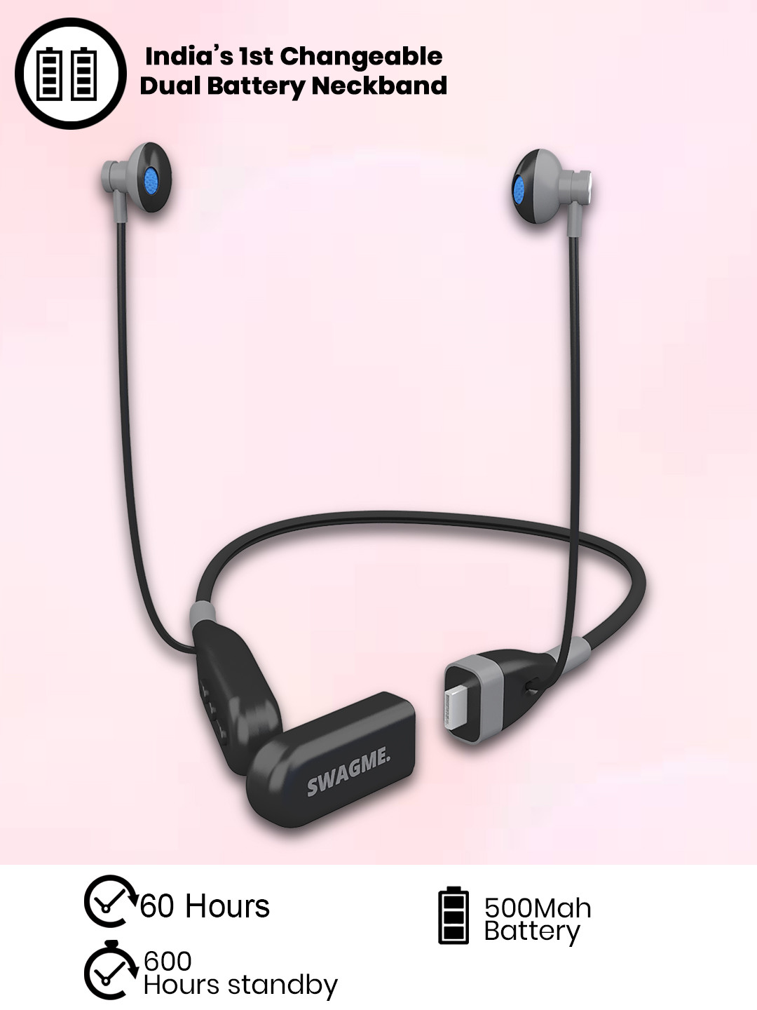 

SWAGME Black Dhun NB008 Dual Battery Changeable Neckband